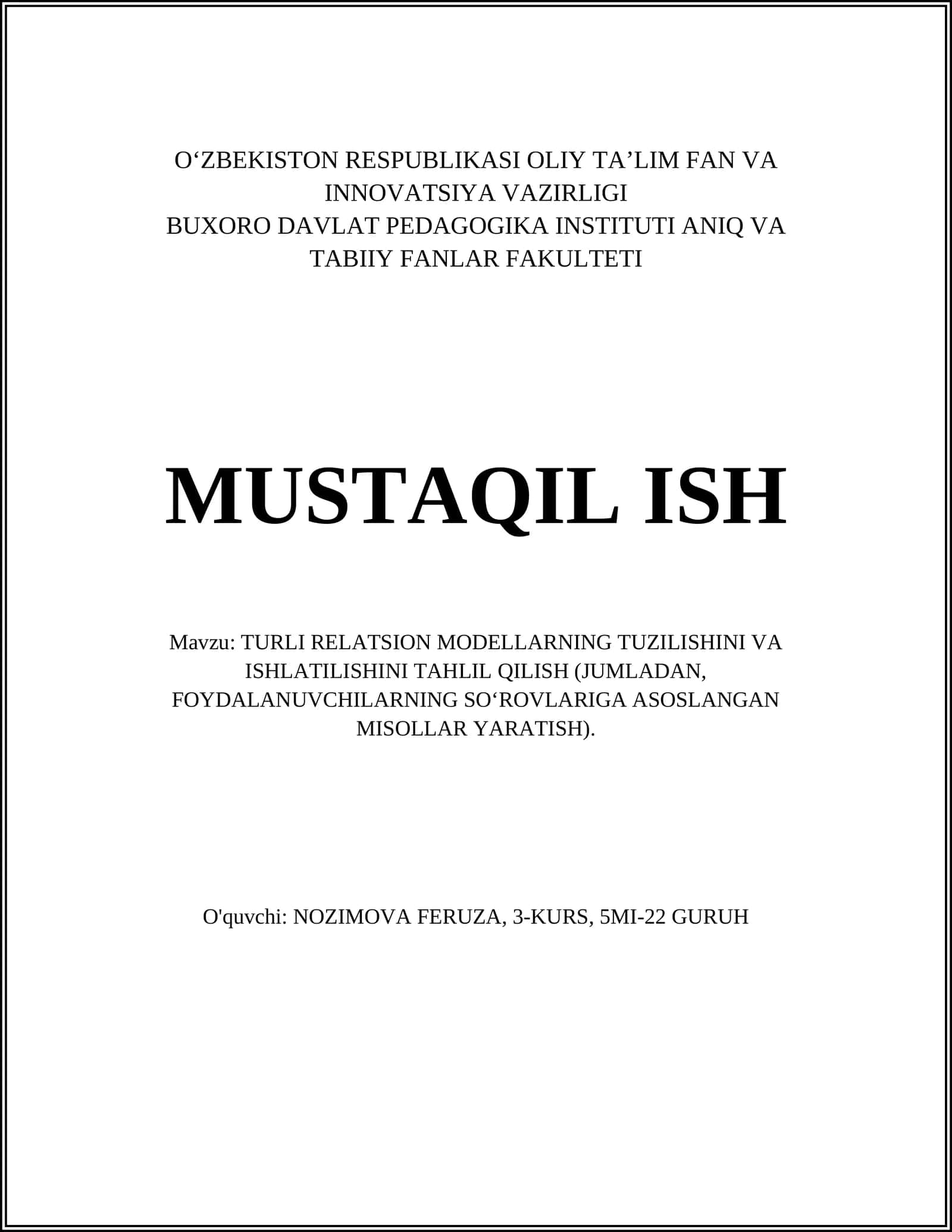 Turli relatsion modellarni shakllantirish prinsiplari