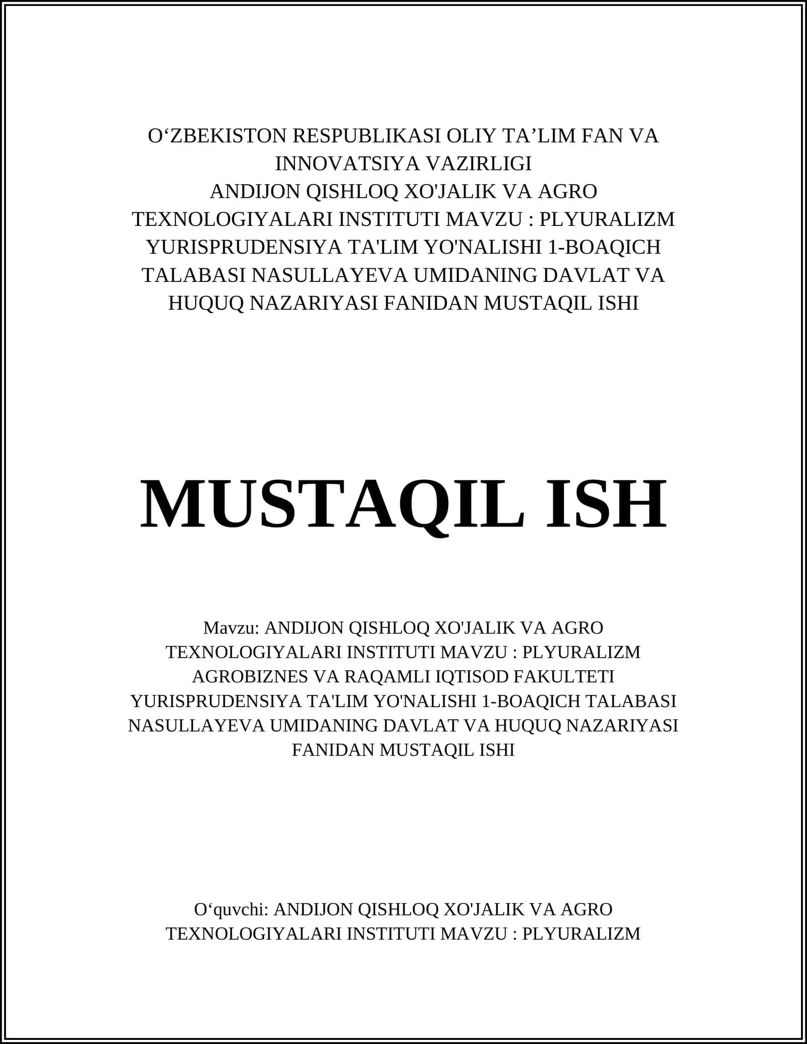 PLYURALIZM YURISPRUDENSIYA TA'LIM YO'NALISHI