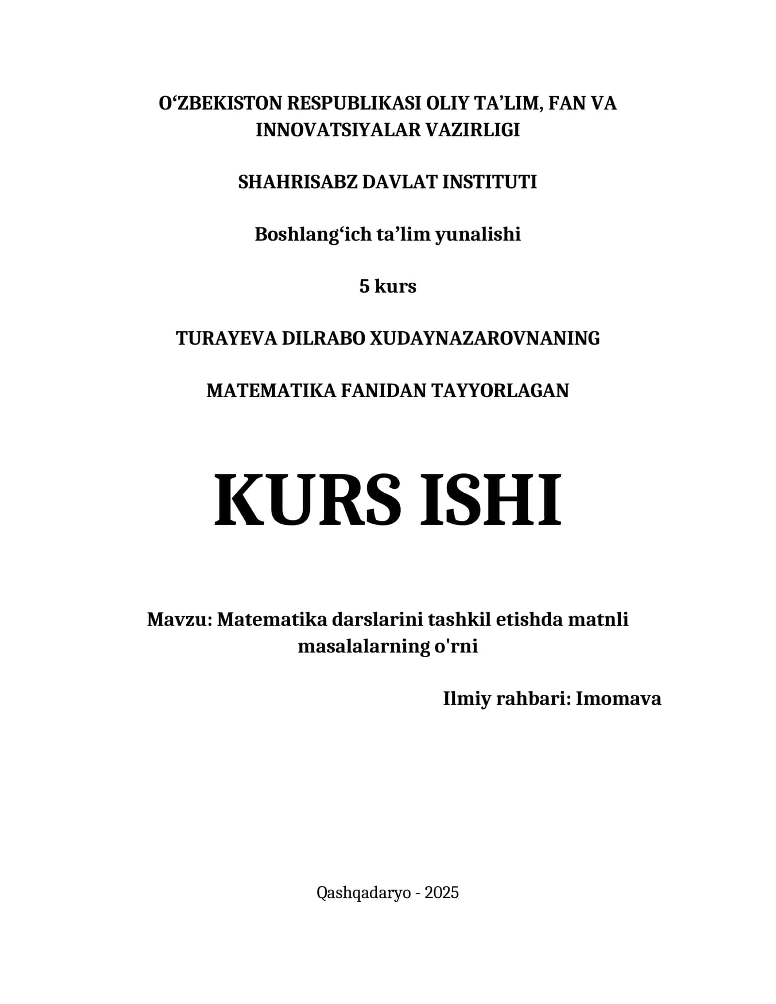 MATEMATIKA FANIDAN TAYYORLAGAN KURS ISHI