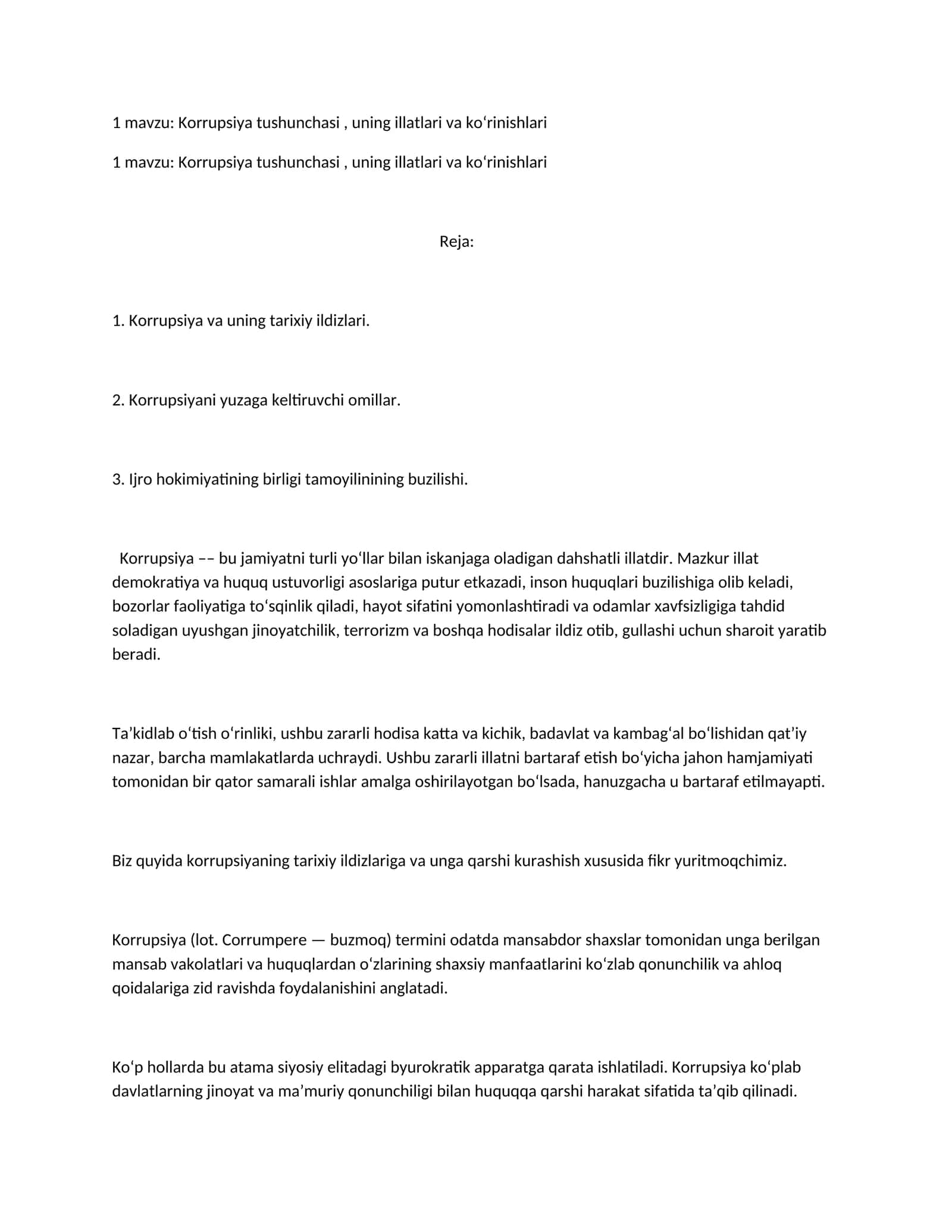 Korrupsiya tushunchasi, uning illatlari va ko‘rinishlari