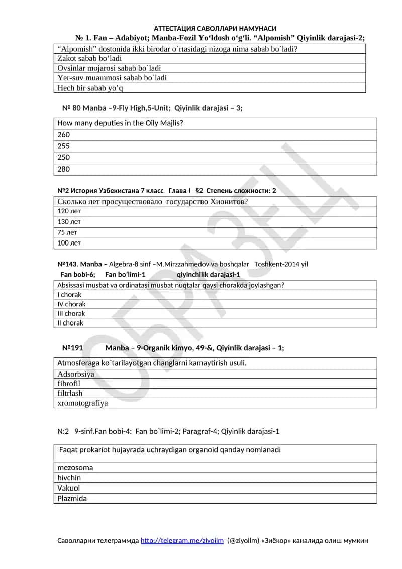 ATTESTATION SAVOLLARI NAMUNASI
