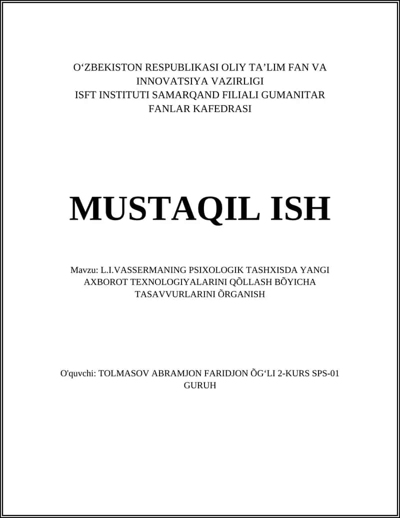 L.I.VASSERMANING PSIXOLOGIK TASHXISDA YANGI AXBOROT TEXNOLOGIYALARINI QÕLLASH BÕYICHA TASAVVURLARINI ÕRGANISH