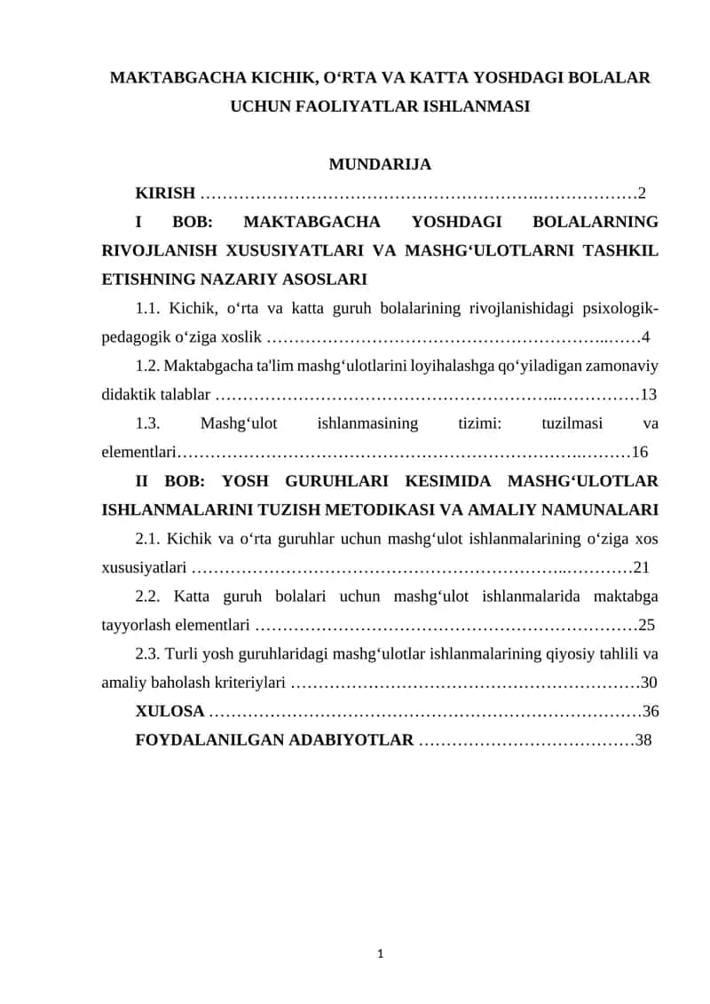 MAKTABGACHA KICHIK, О‘RTA VA KATTA YOSHDAGI BOLALAR UCHUN FAOLIYATLAR ISHLANMASI