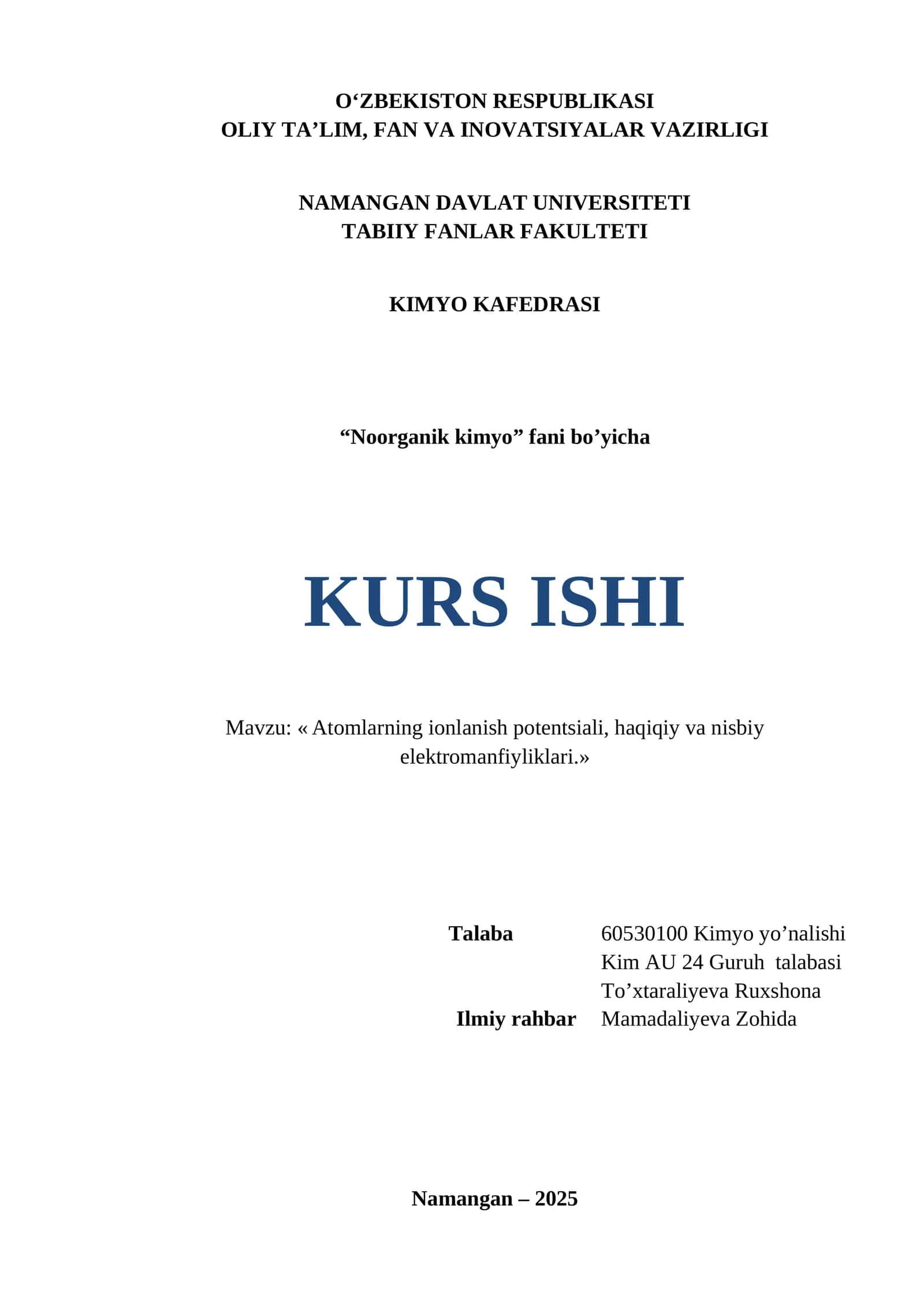 Noorganik kimyo fani bo'yicha kurs ishi