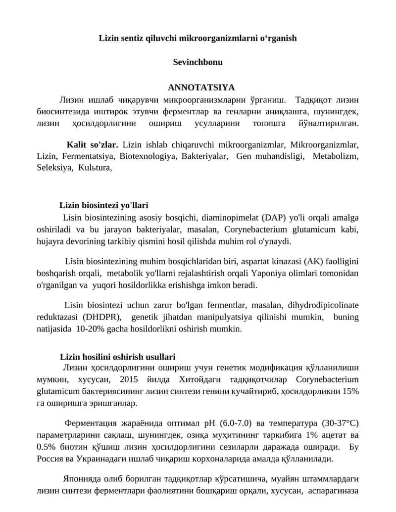 Lizin sentiz qiluvchi mikroorganizmlarni oʻrganish