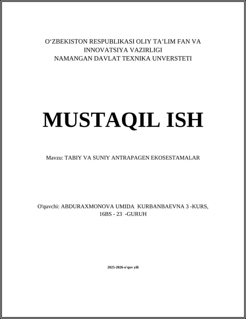 TABIY VA SUNIY ANTRAPAGEN EKOSESTAMALAR