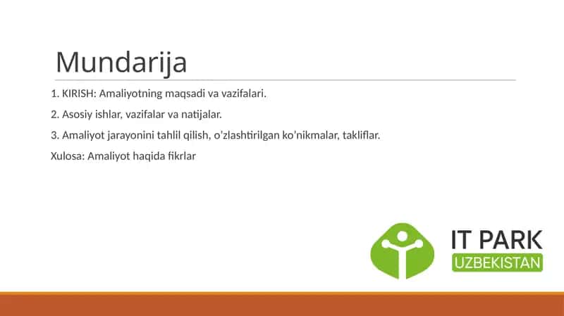 IT PARK da oʻtagan amaliyot hisoboti