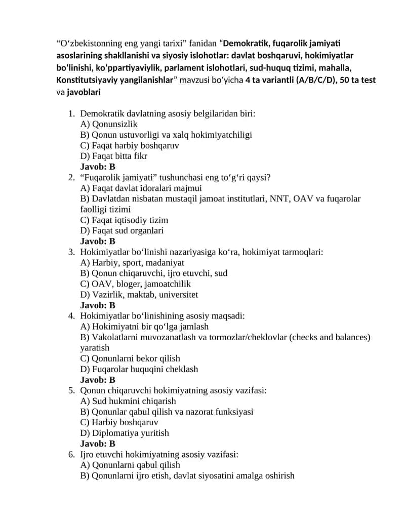 Oʻzbekistonning eng yangi tarixi 5-test