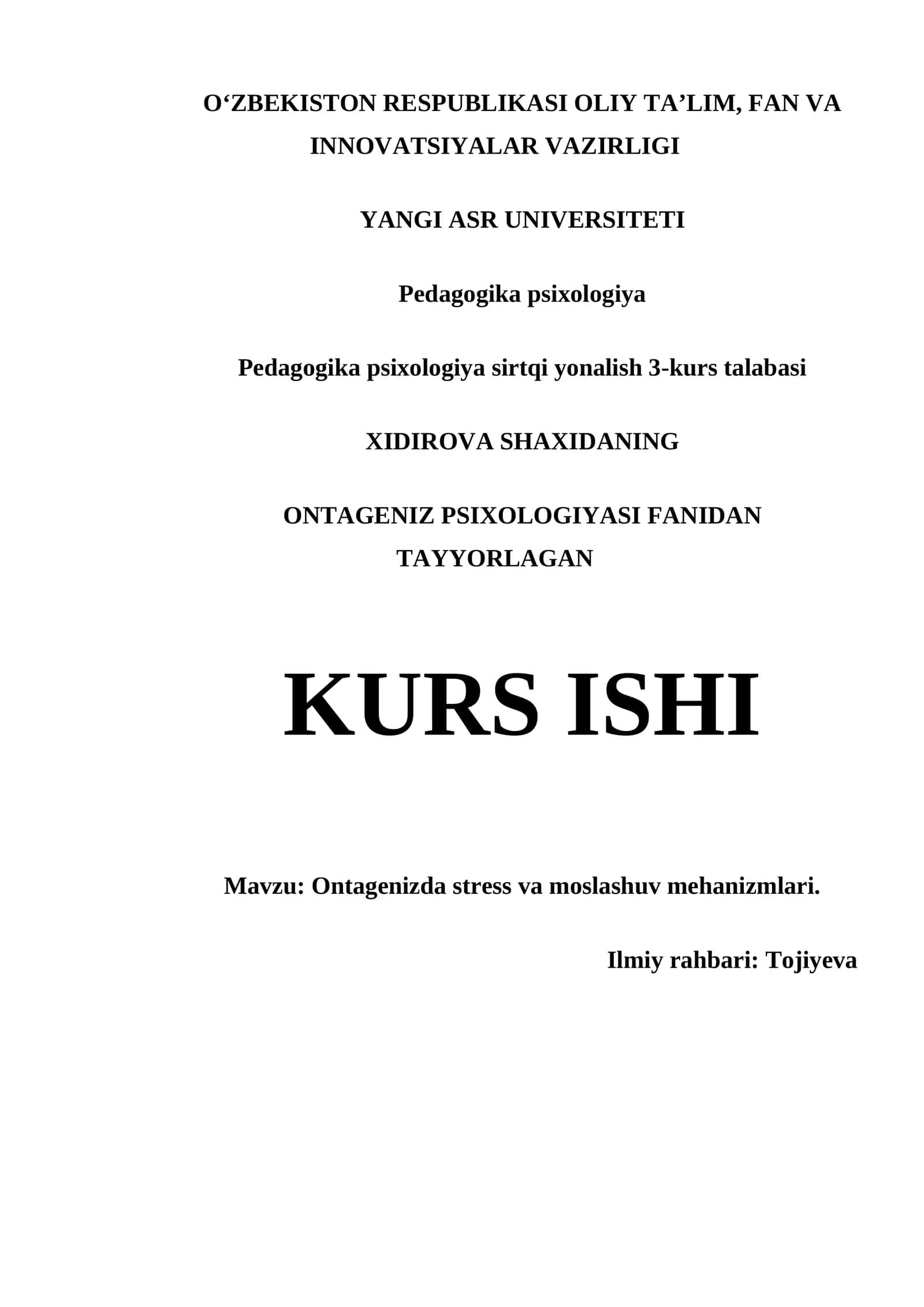 Ontagenizda stress va moslashuv mehanizmlari