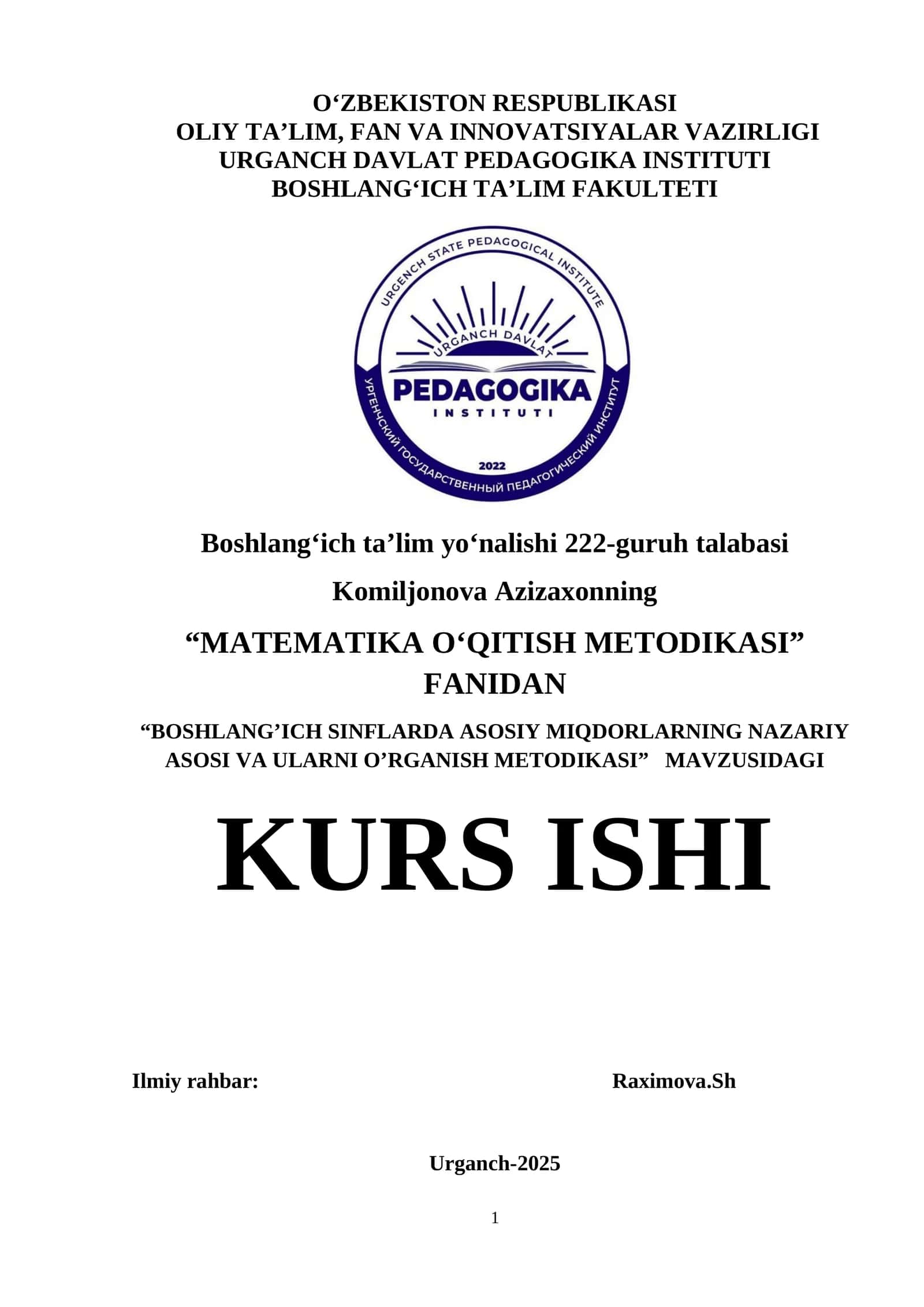 BOSHLANG’ICH SINFLARDA ASOSIY MIQDORLARNING NAZARIY ASOSI VA ULARNI O’RGANISH METODIKASI
