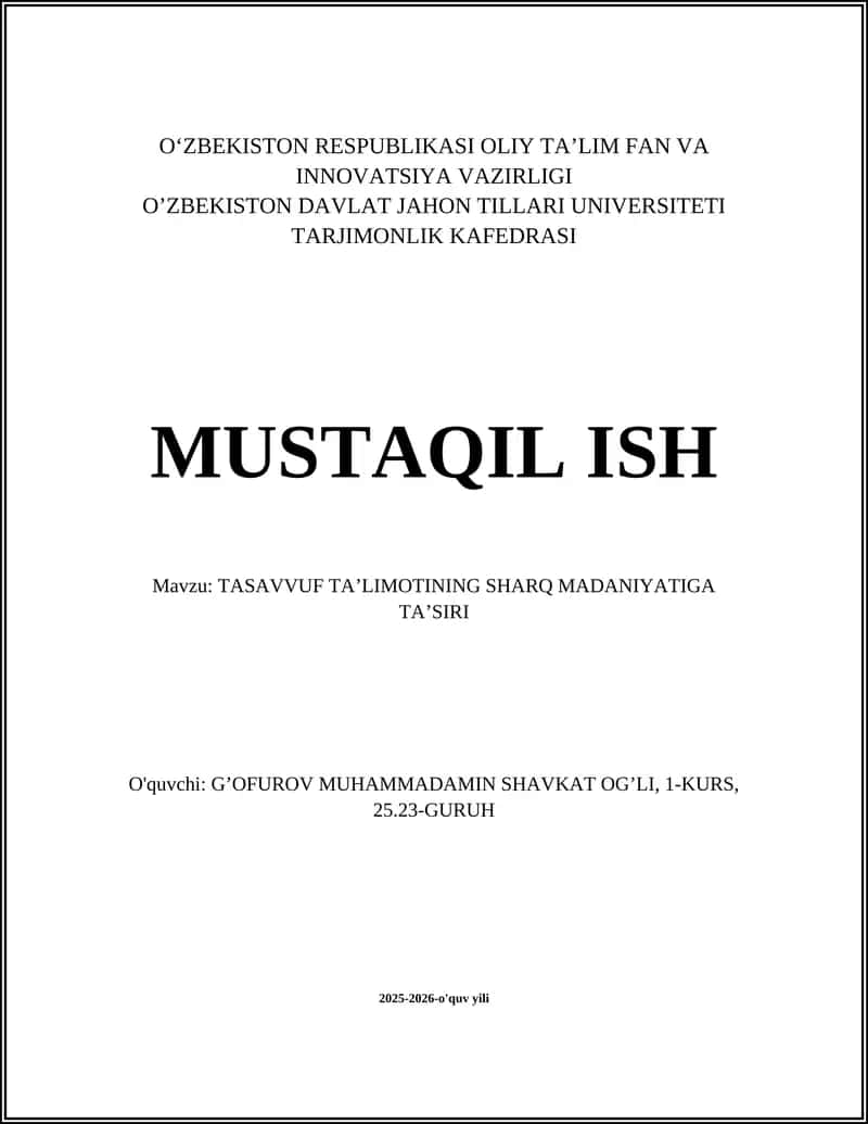 TASAVVUF TA’LIMOTINING SHARQ MADANIYATIGA TA’SIRI