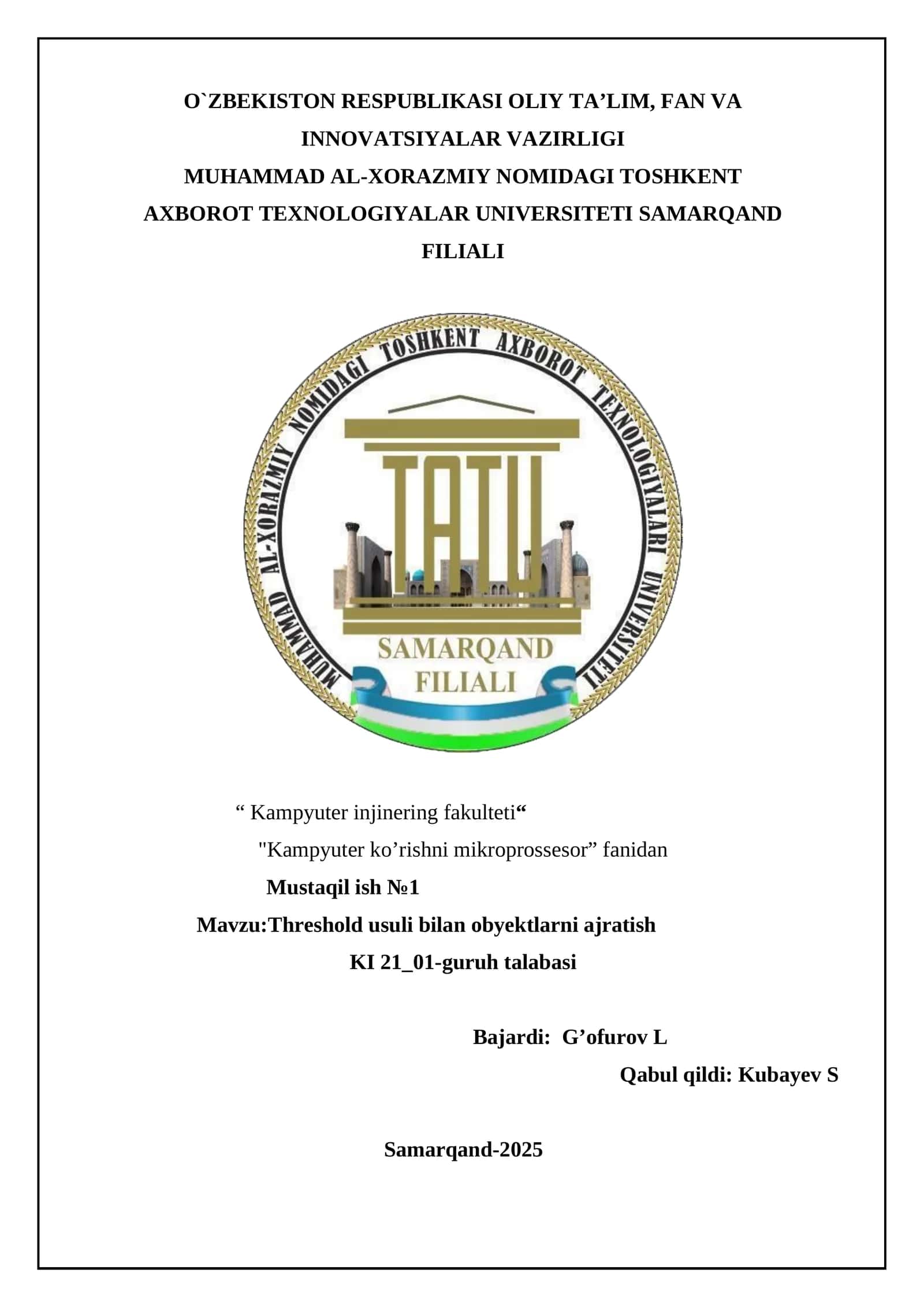 Threshold usuli bilan obyektlarni ajratish