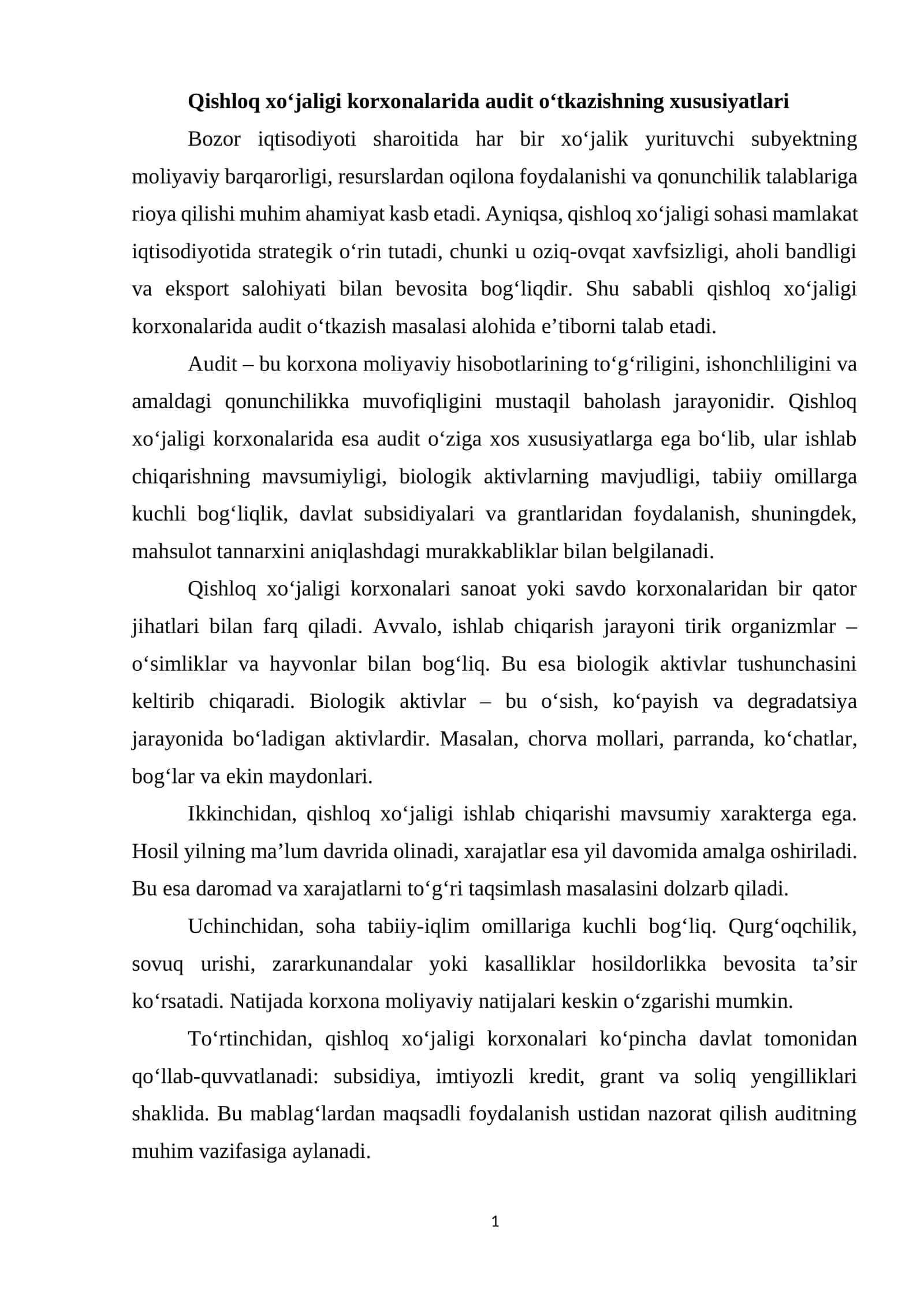 Qishloq xo'jaligi korxonalarida audit o'tkazishning xususiyatlari