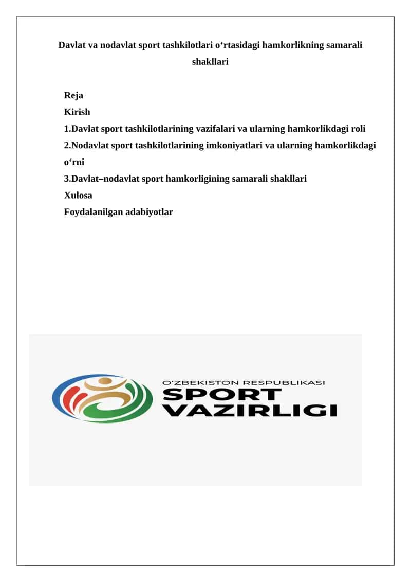 Davlat va nodavlat sport tashkilotlari o‘rtasidagi hamkorlikning samarali shakllari