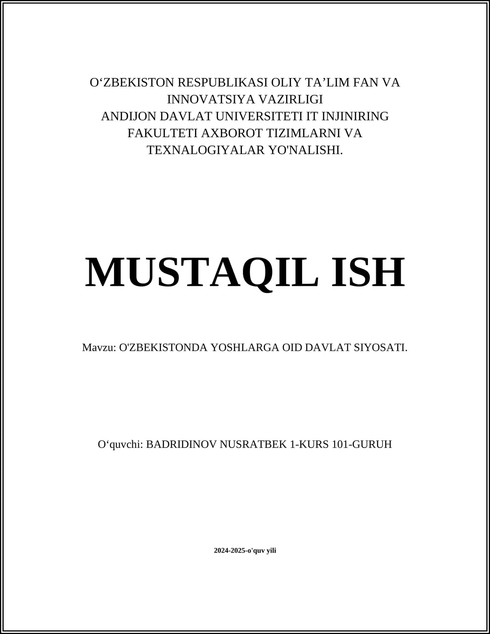 O'ZBEKISTONDA YOSHLARGA OID DAVLAT SIYOSATI