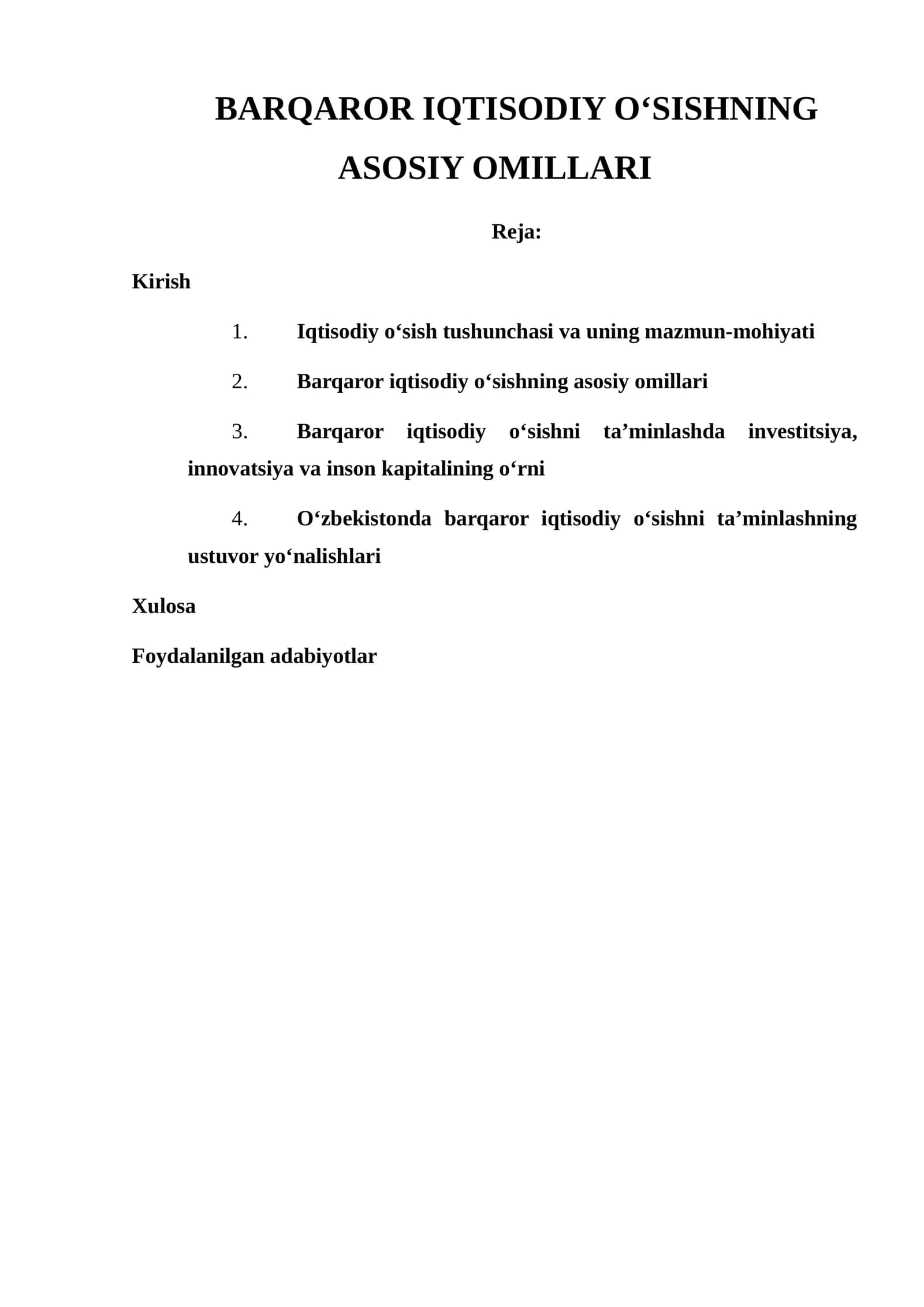 BARQAROR IQTISODIY O‘SISHNING ASOSIY OMILLARI