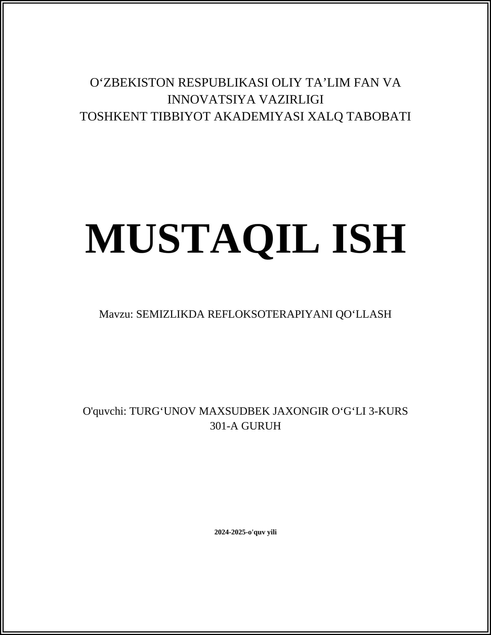 SEMIZLIKDA REFLOKSOTERAPIYANI QOʻLLASH