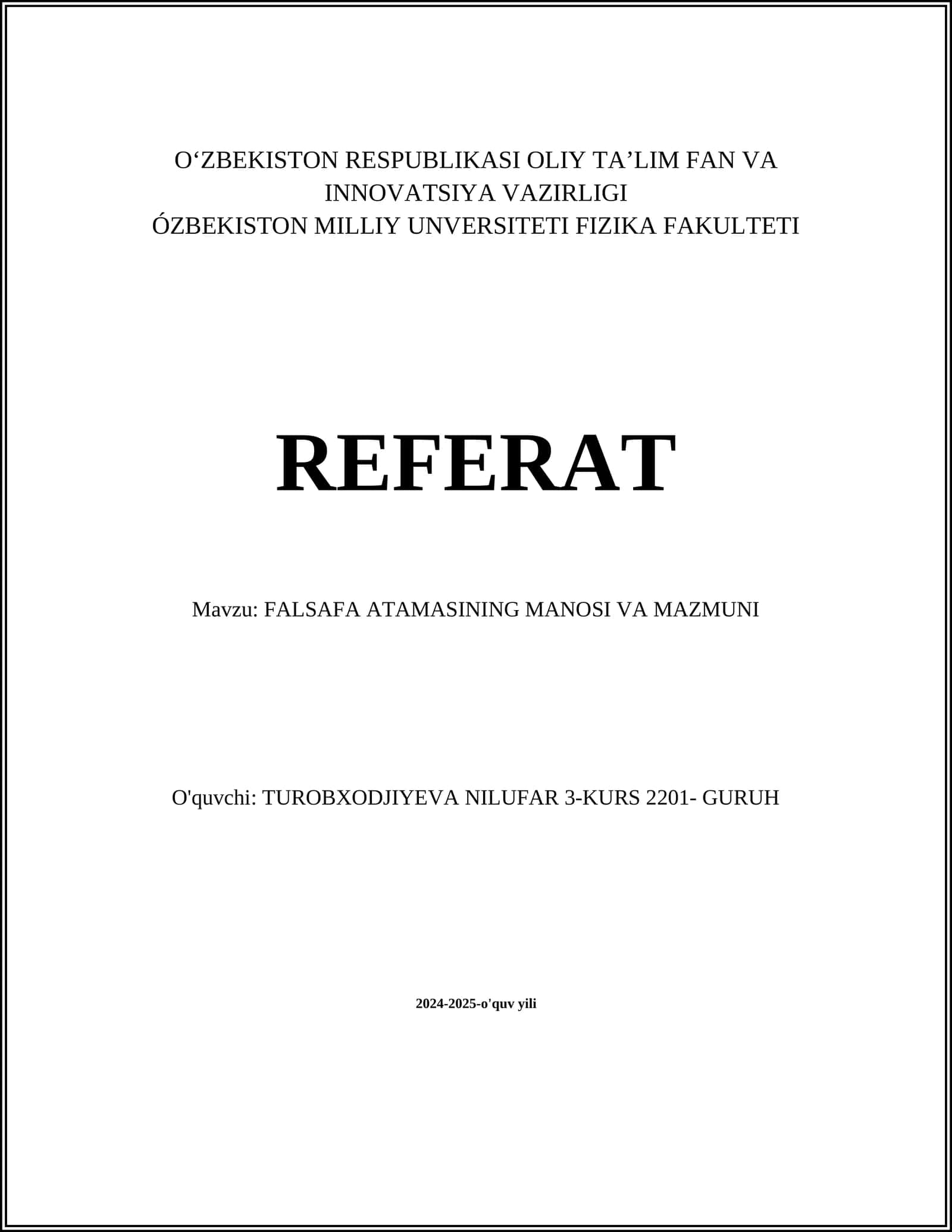 FALSAFA ATAMASINING MANOSI VA MAZMUNI
