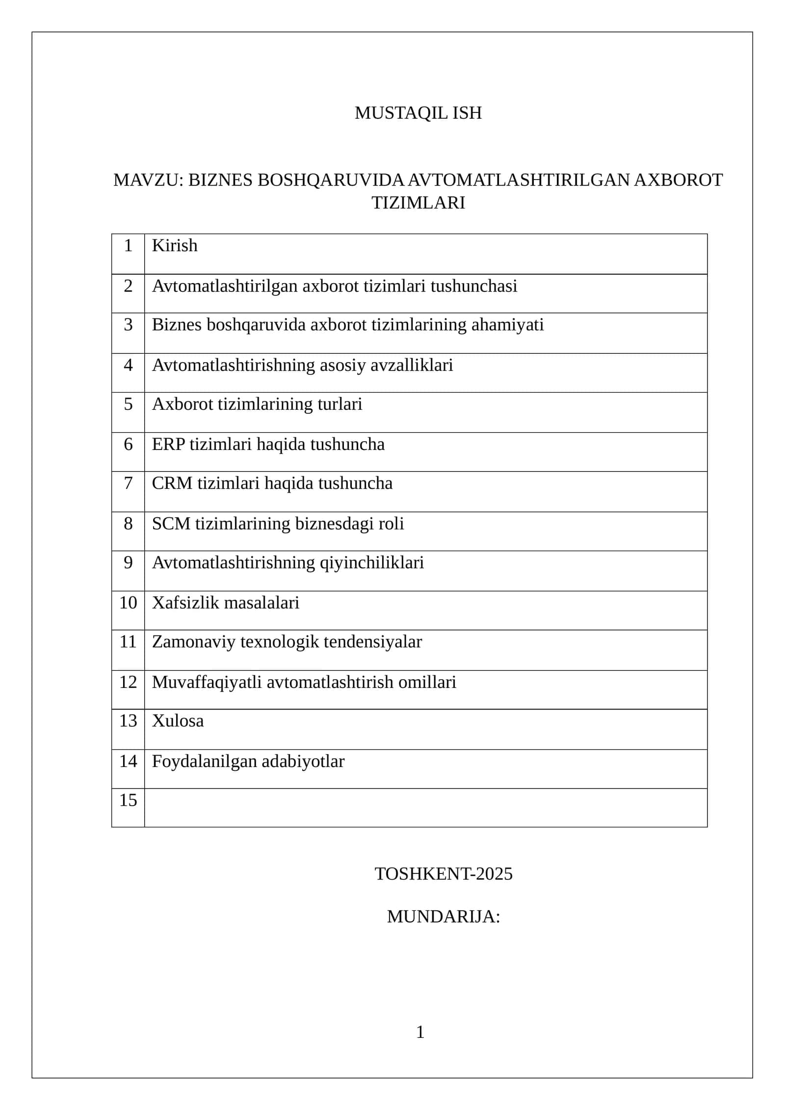 BIZNES BOSHQARUVIDA AVTOMATLASHTIRILGAN AXBOROT TIZIMLARI