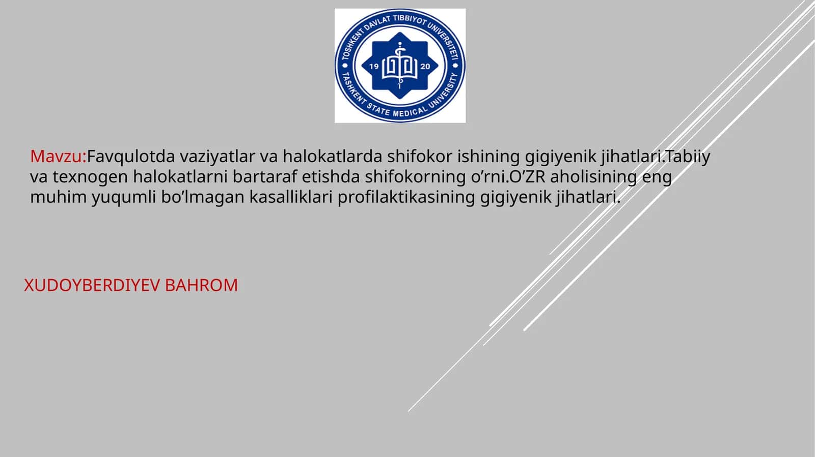 Favqulotdavaziyatlarvahalokatlardashifokorishininggigiyenikjihatlari.Tabiiyvatexnogenhalokatlarnibartarafetishdashifokorningo’rni.O’ZRaholisiningengmuhimyuqumlibo’lmagankasalliklariprofilaktikasininggigiyenikjihatlari