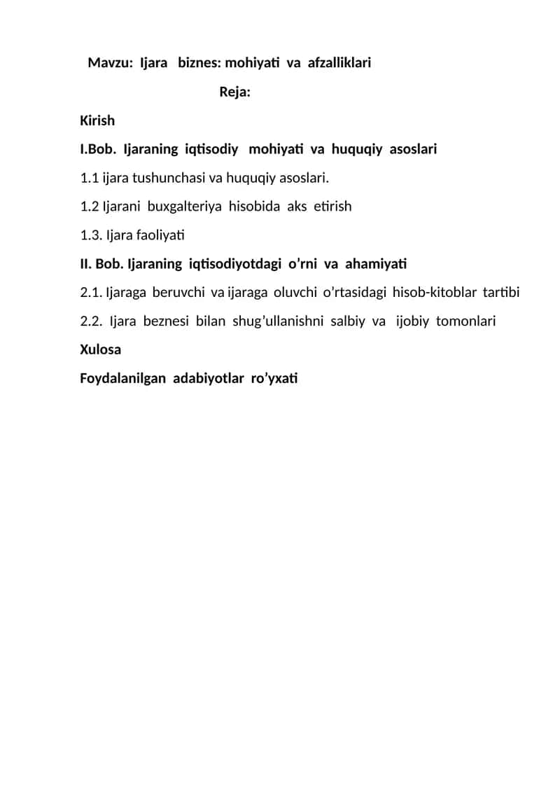 Ijara biznes: mohiyati va afzalliklari