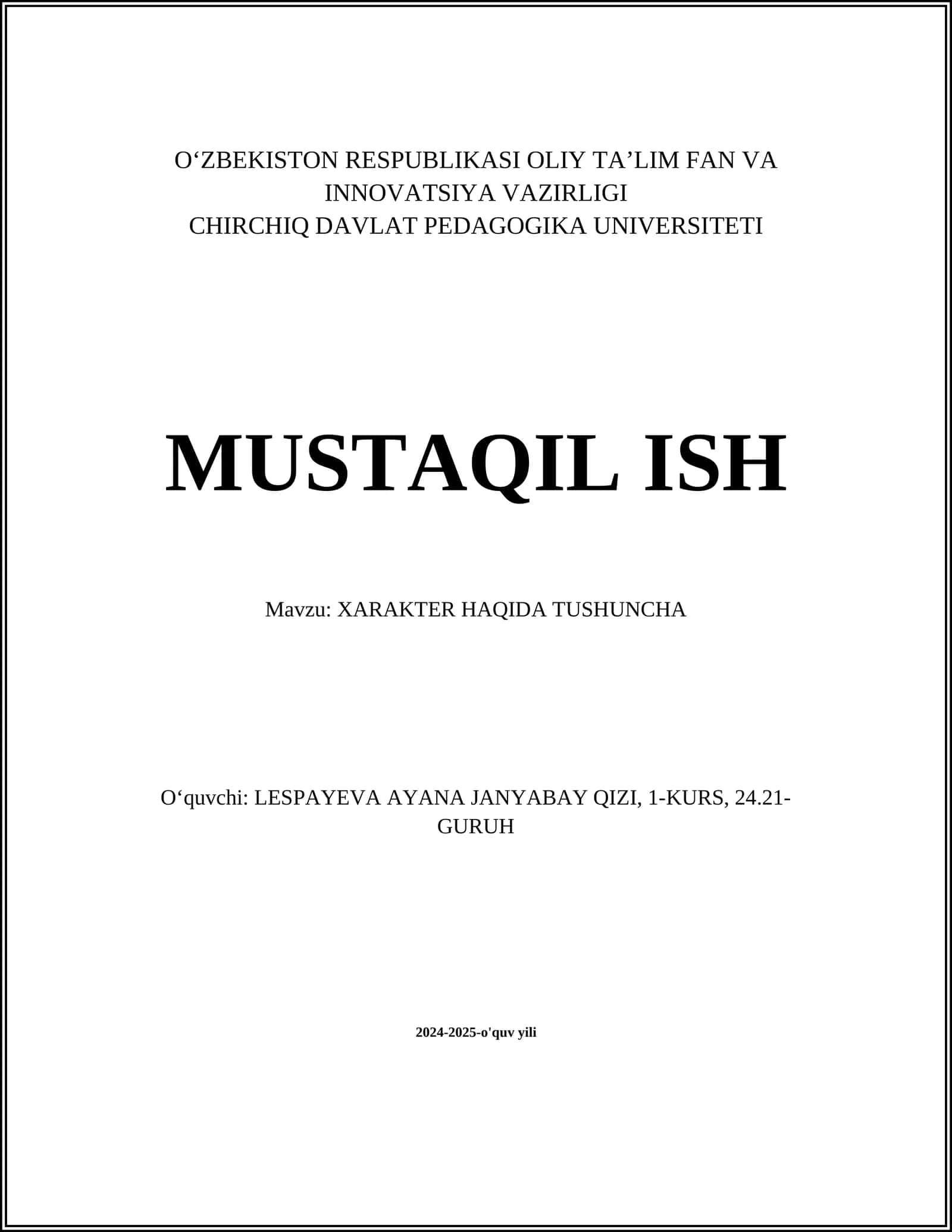 XARAKTER HAQIDA TUSHUNCHA