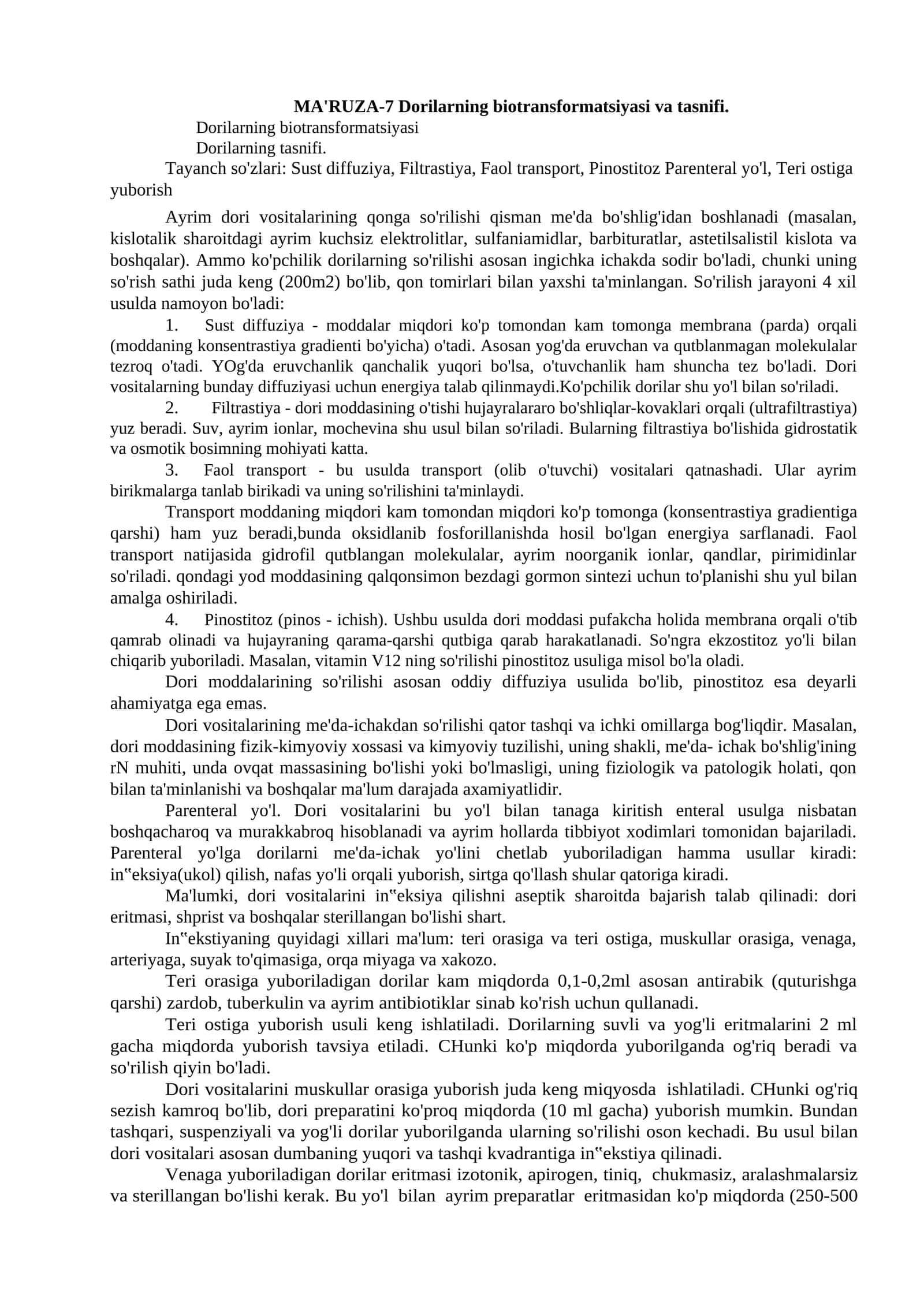 MA'RUZA-7 Dorilarning biotransformatsiyasi va tasnifi