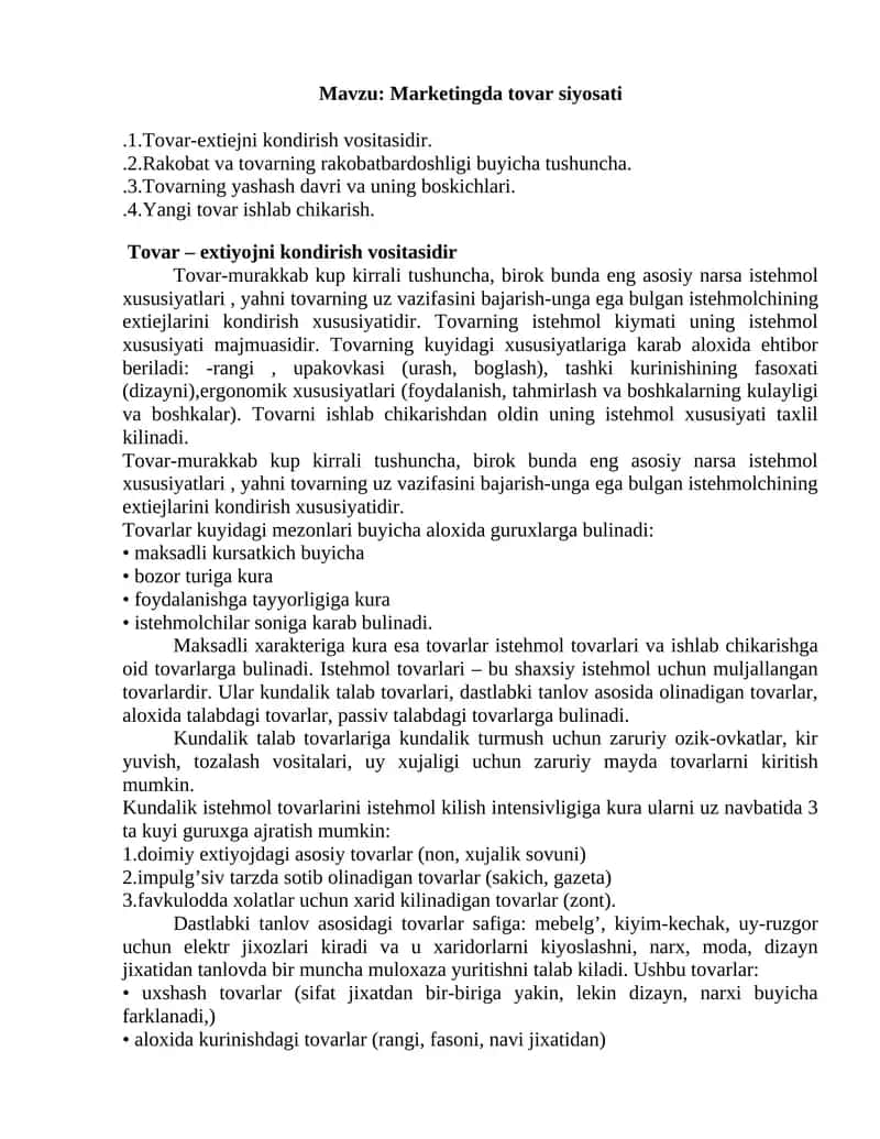 Marketingda tovar siyosati