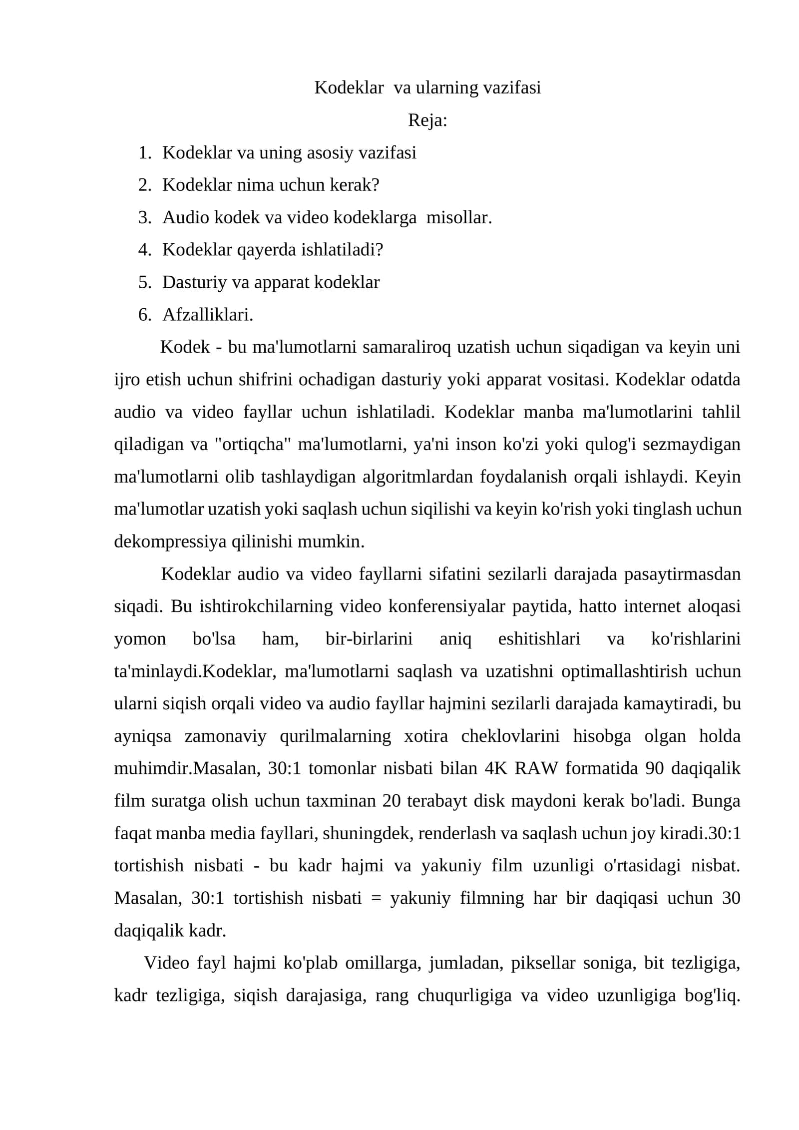 Kodeklar va ularning vazifasi