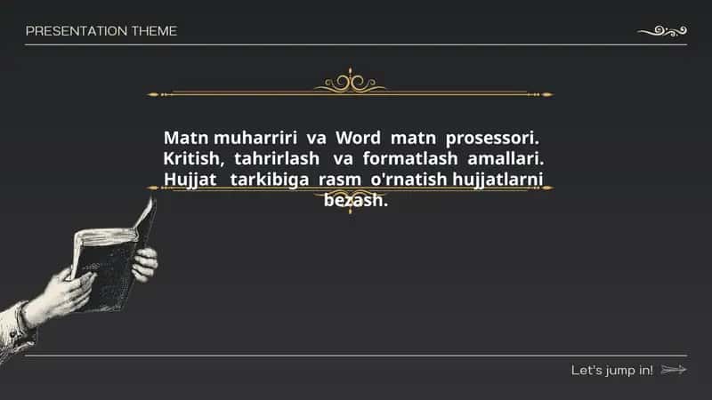 Matn muharriri va Word matn prosessori. Kritish, tahrirlash va formatlash amallari. Hujjat tarkibiga rasm o'rnatish hujjatlarni bezash