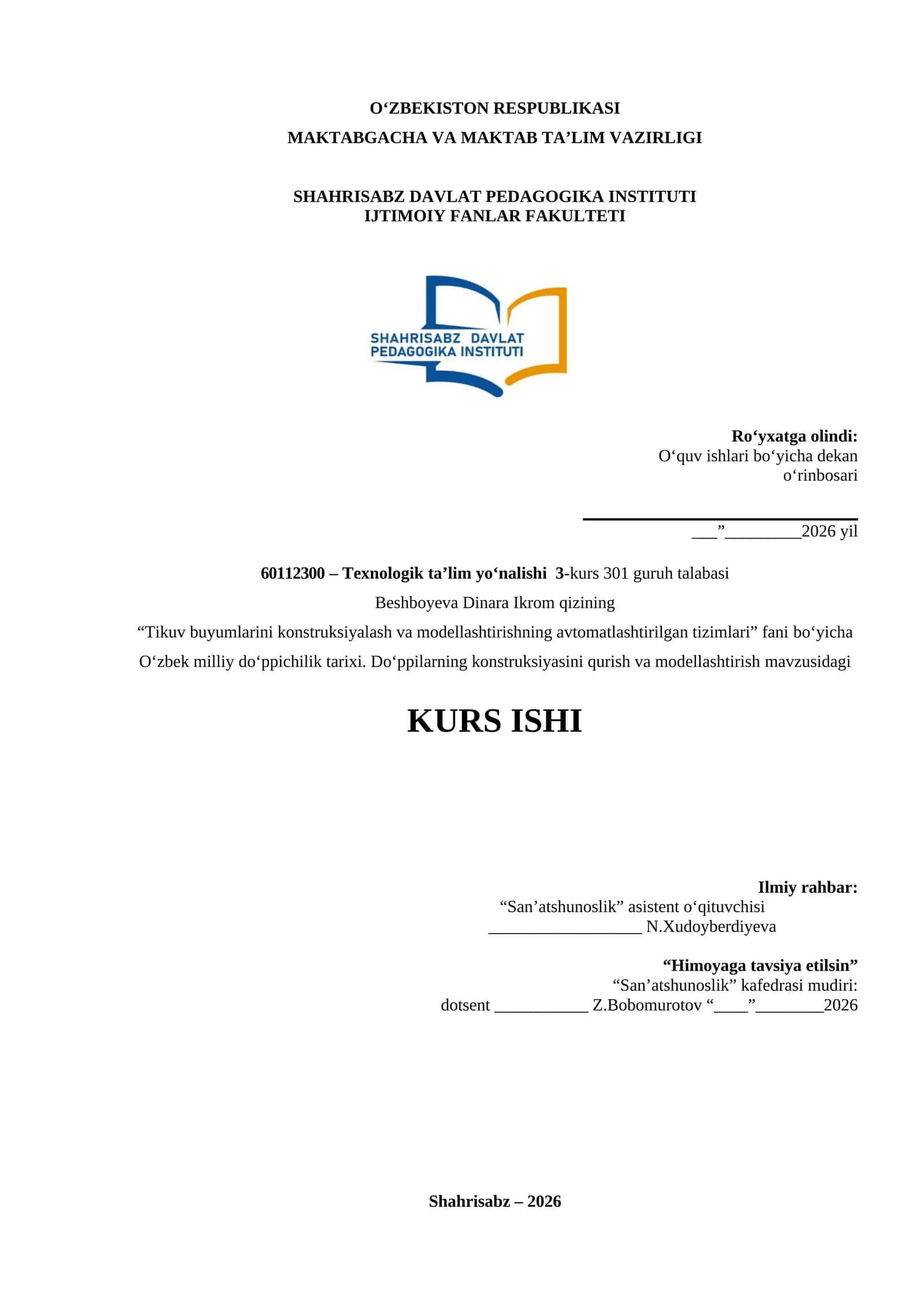 Do‘ppilarning konstruksiyasini qurish va modellashtirish mavzusidagi KURS ISHI