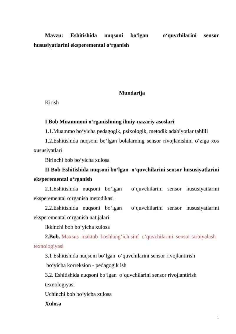 Eshitishida nuqsoni Bo‘lgan O‘quvchilarni Sensor Hususiyatlarini Eksperemental O‘rganish