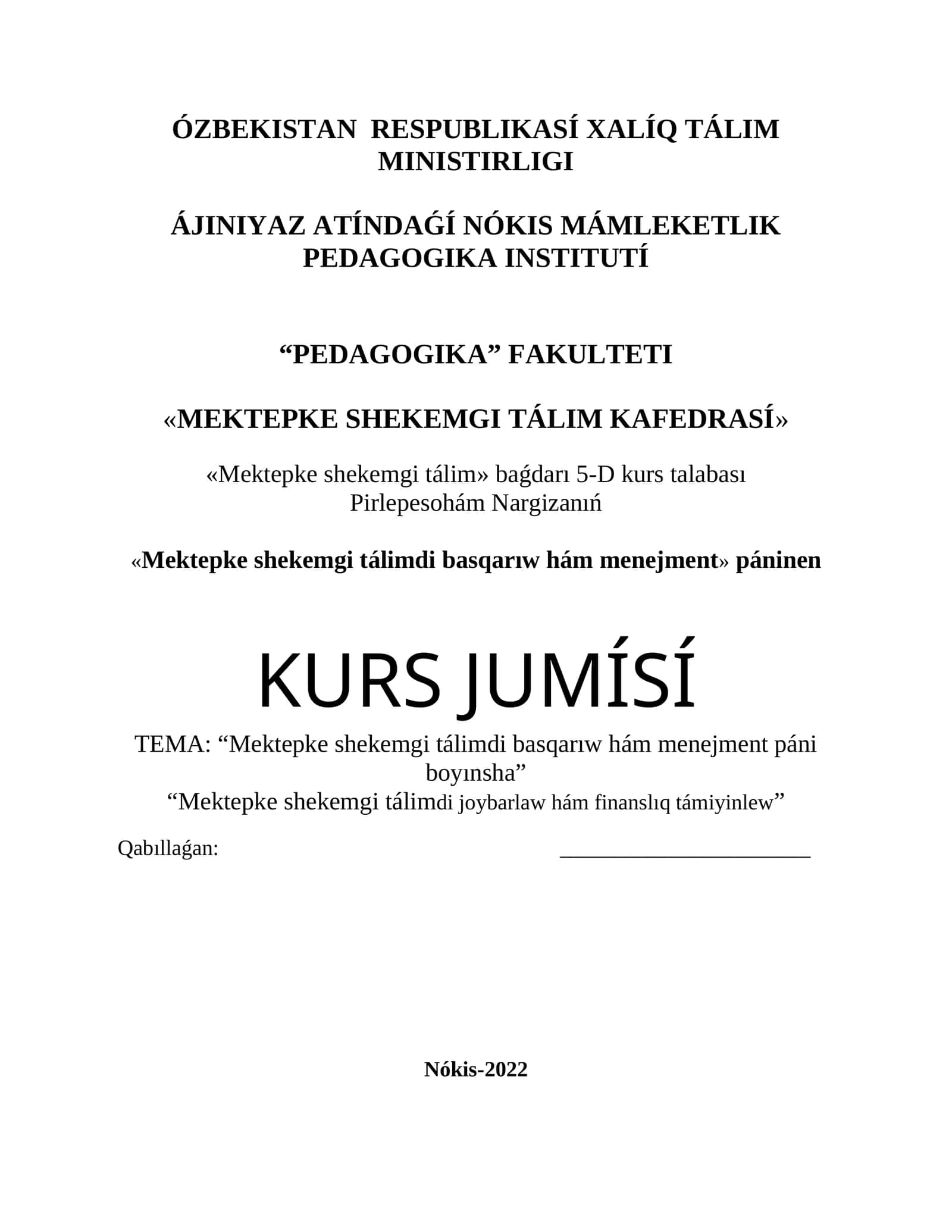 Mekepke shekemgi tálimdi basqarıw hám menejment páninen KURS JUMÍSÍ