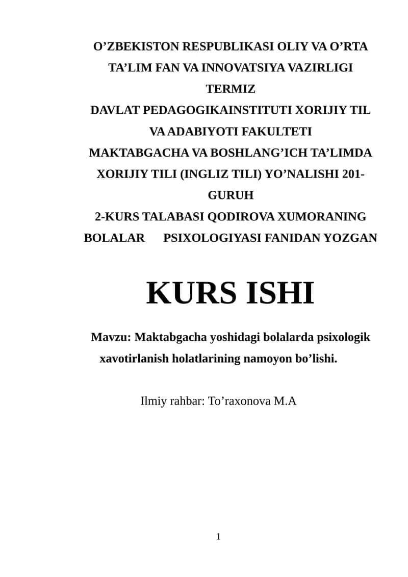 Maktabgacha yoshidagi bolalarda psixologik xavotirlanish holatlarining namoyon bo’lishi