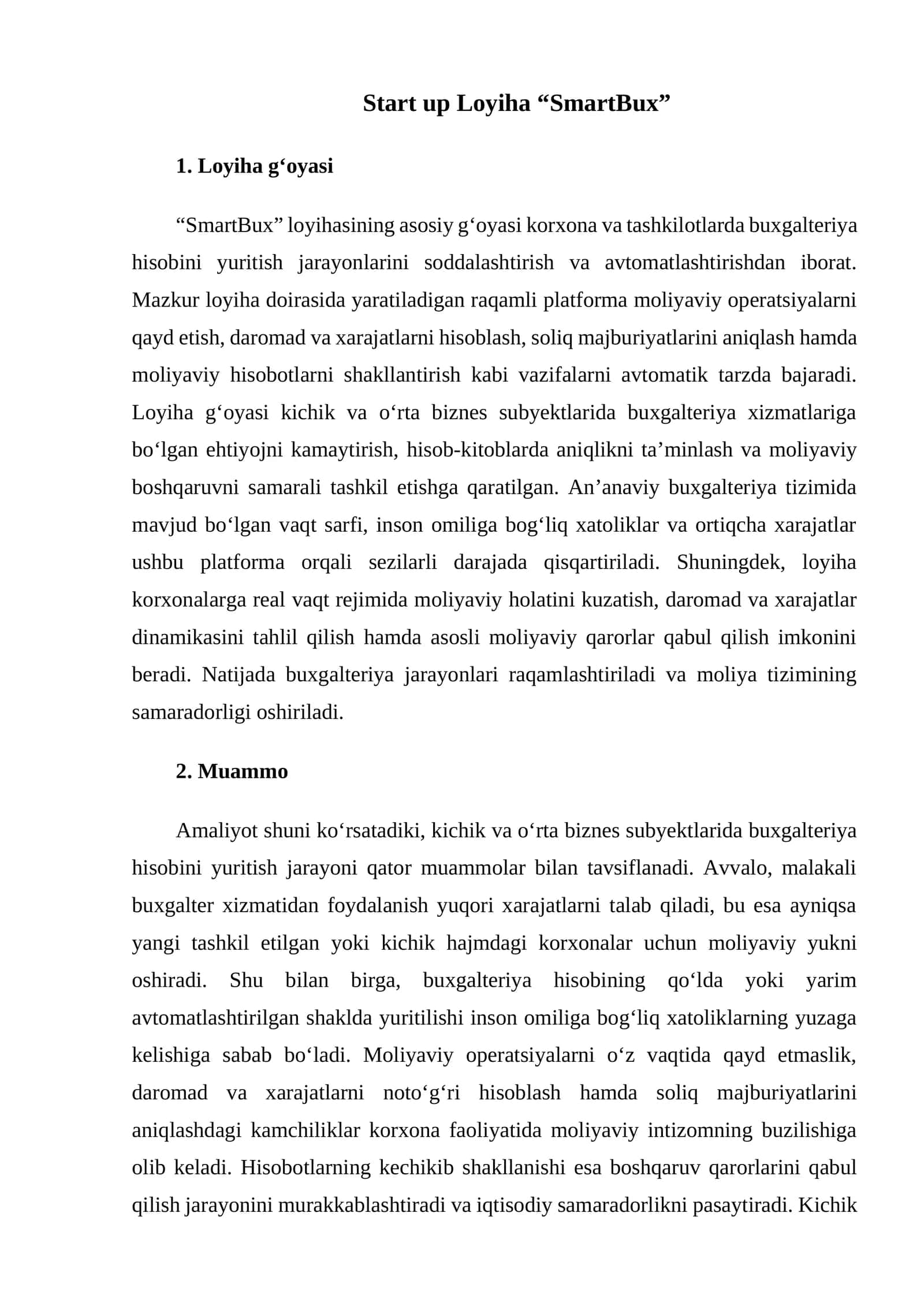 Start up Loyiha “SmartBux”