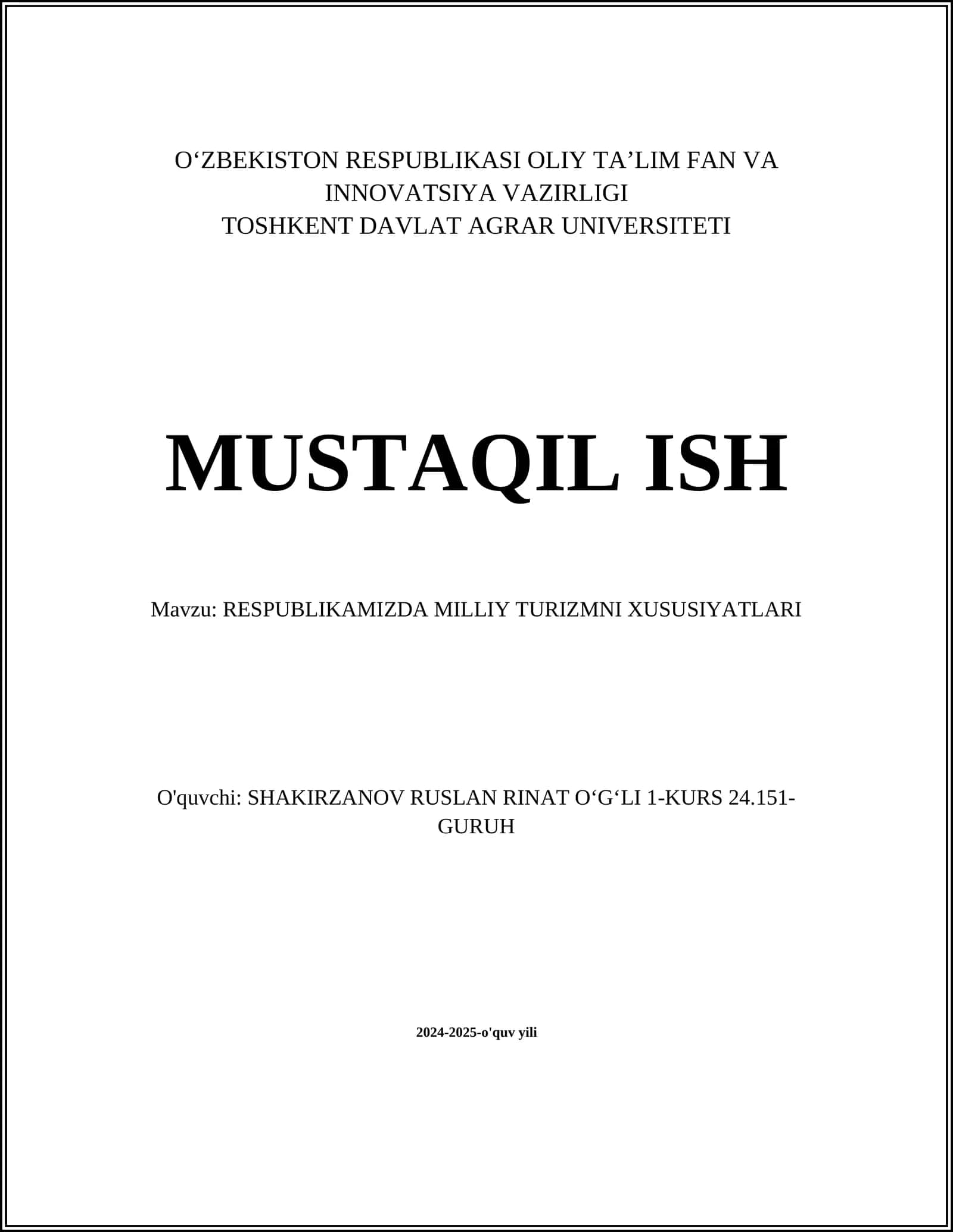 RESPUBLIKAMIZDA MILLIY TURIZMNI XUSUSIYATLARI