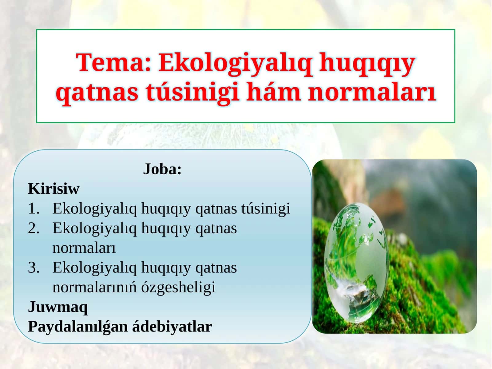 Ekologiyalıq huqıqıy qatnastúsiniginiń hám normaları