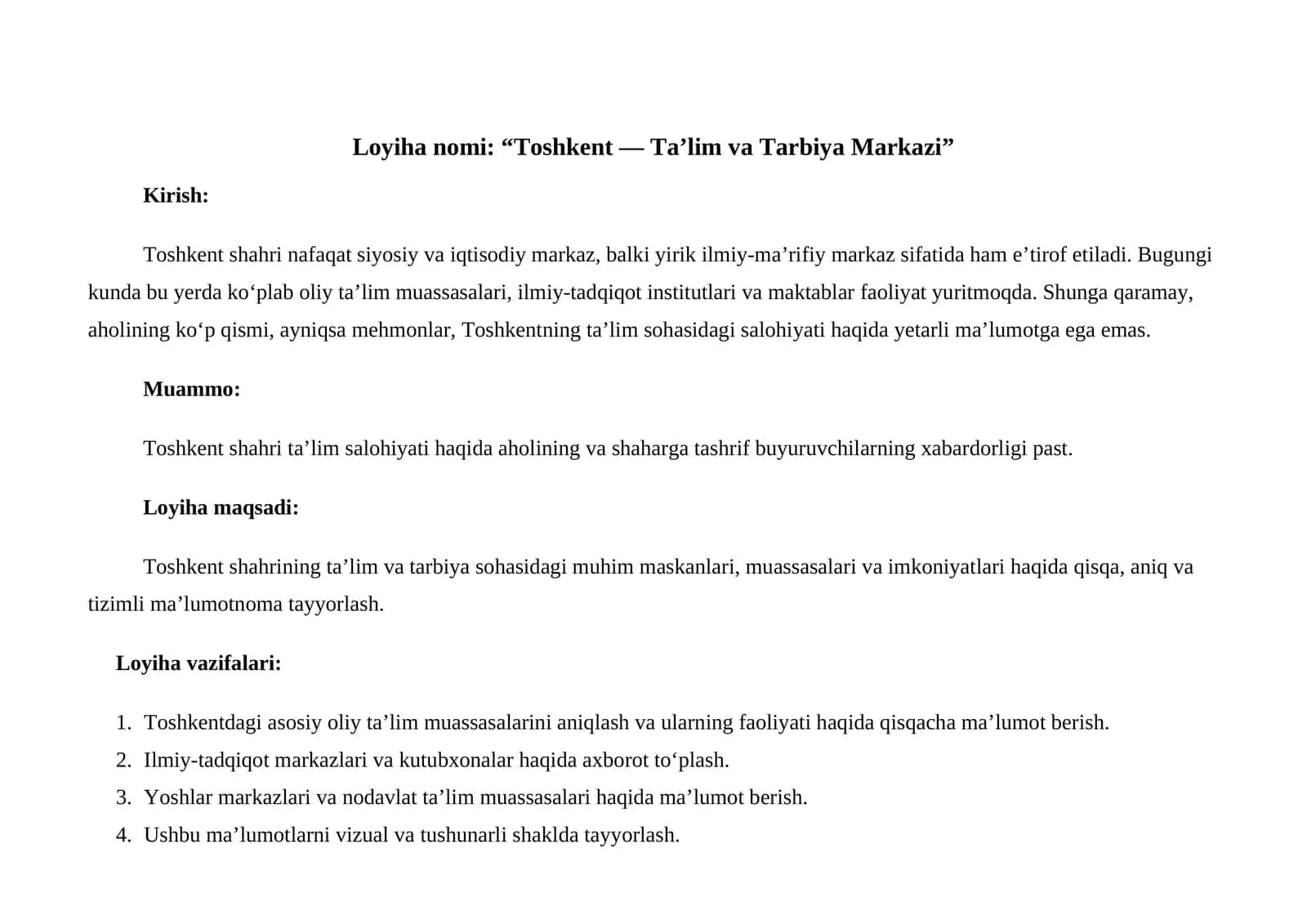 "Toshkent — Ta’lim va Tarbiya Markazi"