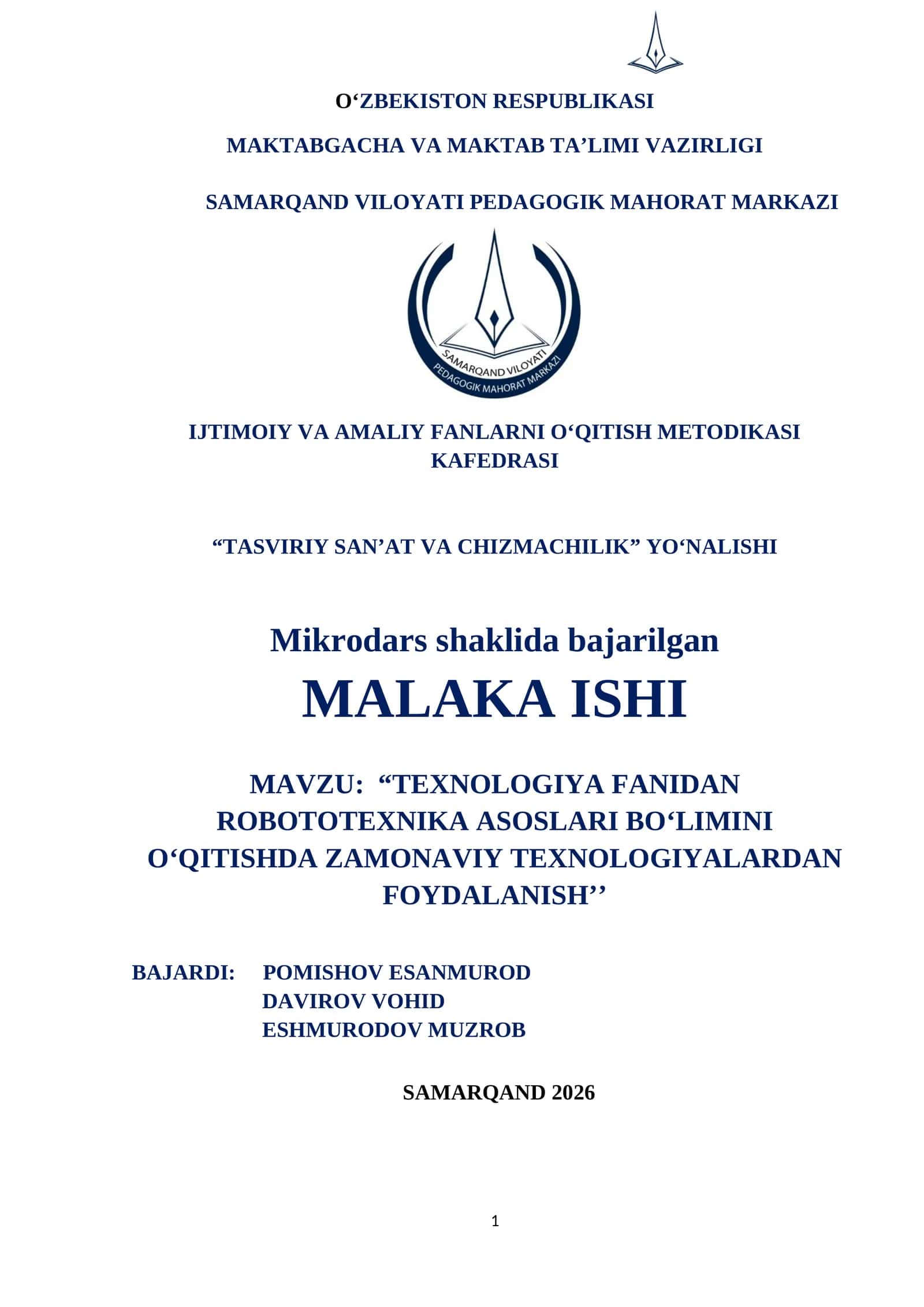 TExn0l0giyа fаnidаn r0b0t0tеxnikа аs0slаri b0limini 0qitishdа zаm0nаviy tеxn0l0giyаlаrdаn fоydаlаnish