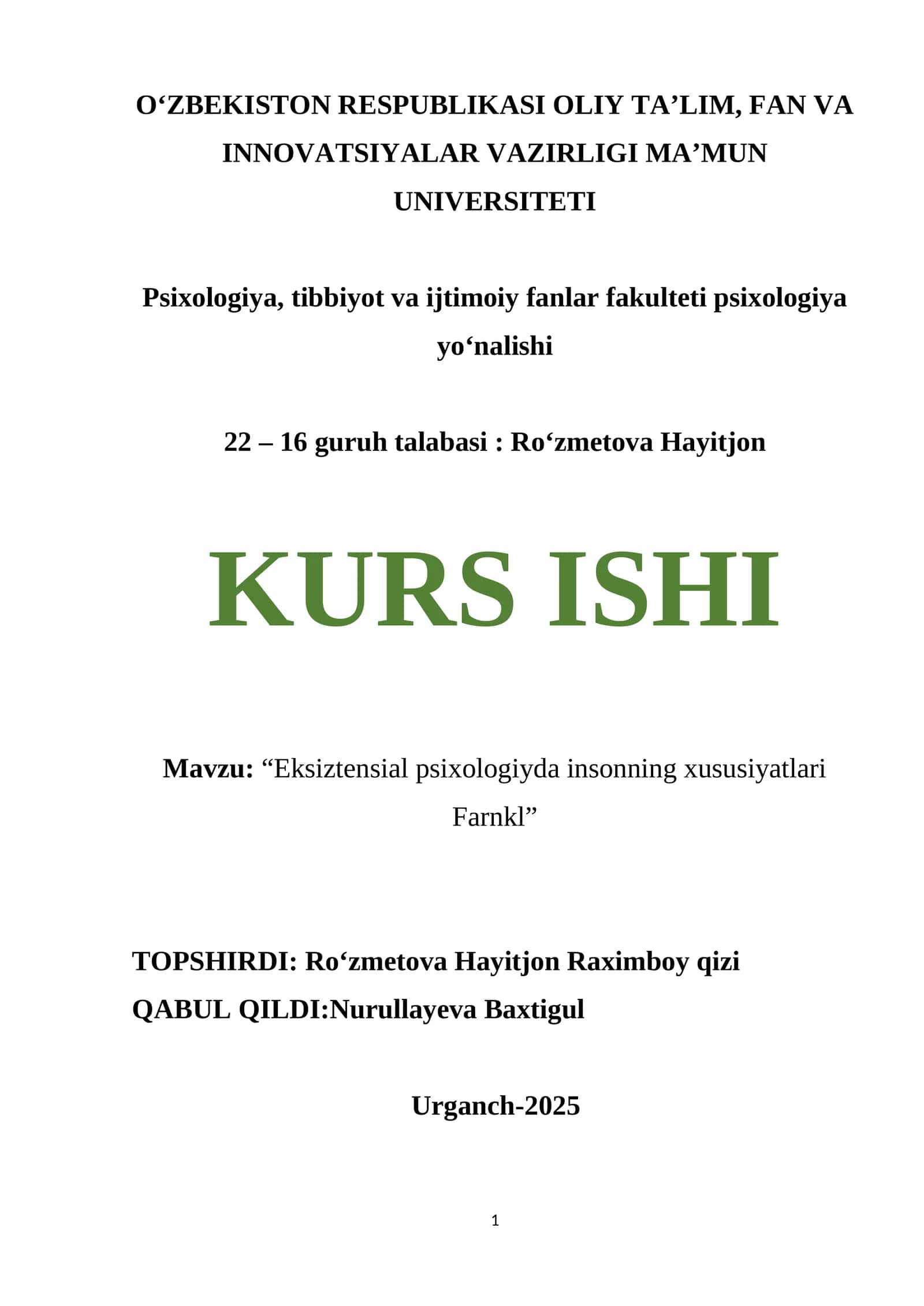 Eksiztensial psixologiyda insonning xususiyatlari Farnkl