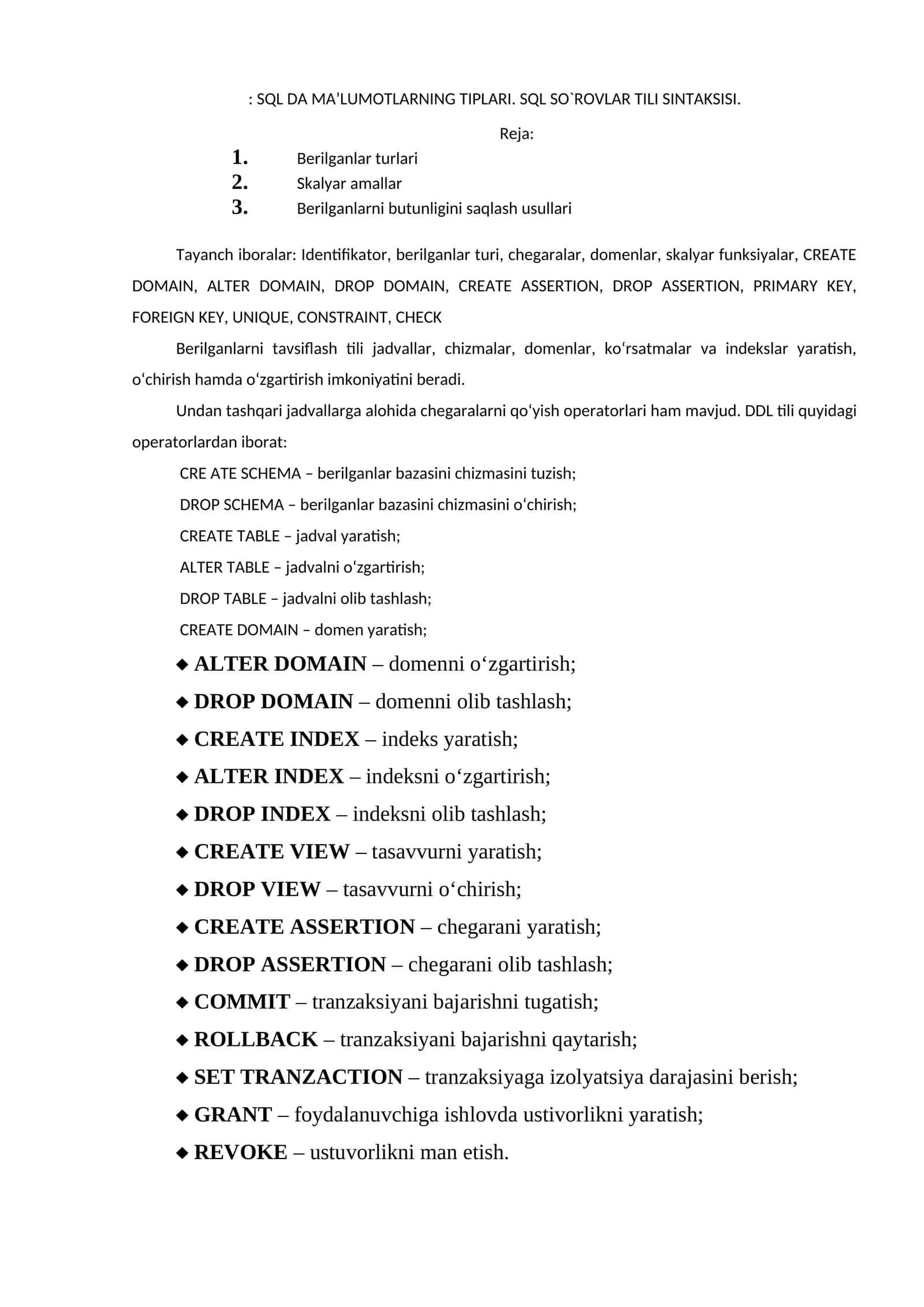SQL DA MA’LUMOTLARNING TIPLARI. SQL SO`ROVLAR TILI SINTAKSISI