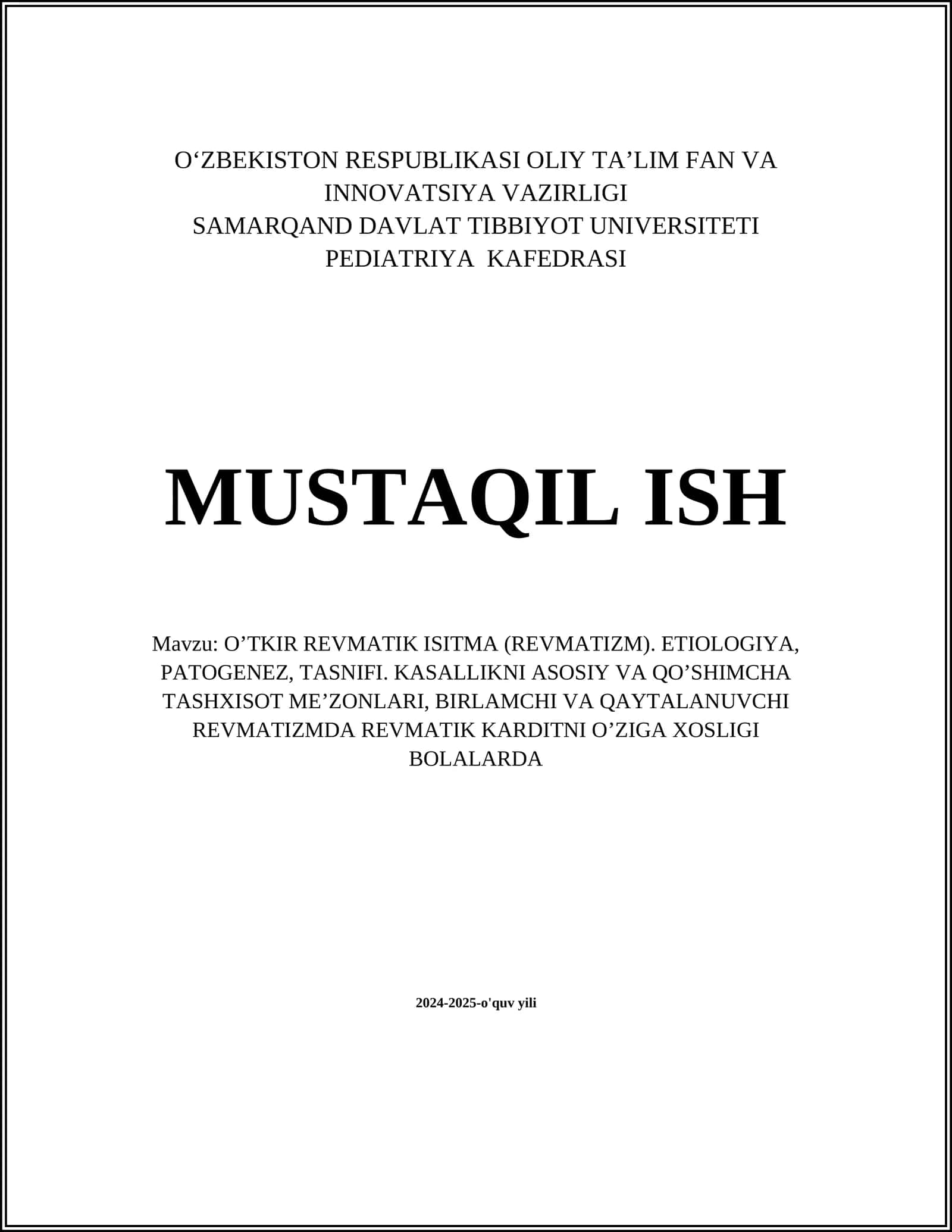 O’TKIR REVMATIK ISITMA (REVMATIZM). ETIOLOGIYA, PATOGENEZ, TASNIFI. KASALLIKNI ASOSIY VA QO’SHIMCHA TASHXISOT ME’ZONLARI, BIRLAMCHI VA QAYTALANUVCHI REVMATIZMDA REVMATIK KARDITNI O’ZIGA XOSLIGI BOLALARDA