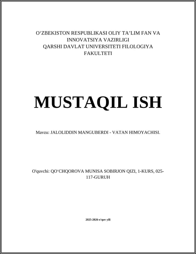 JALOLIDDIN MANGUBERDI - VATAN HIMOYACHISI