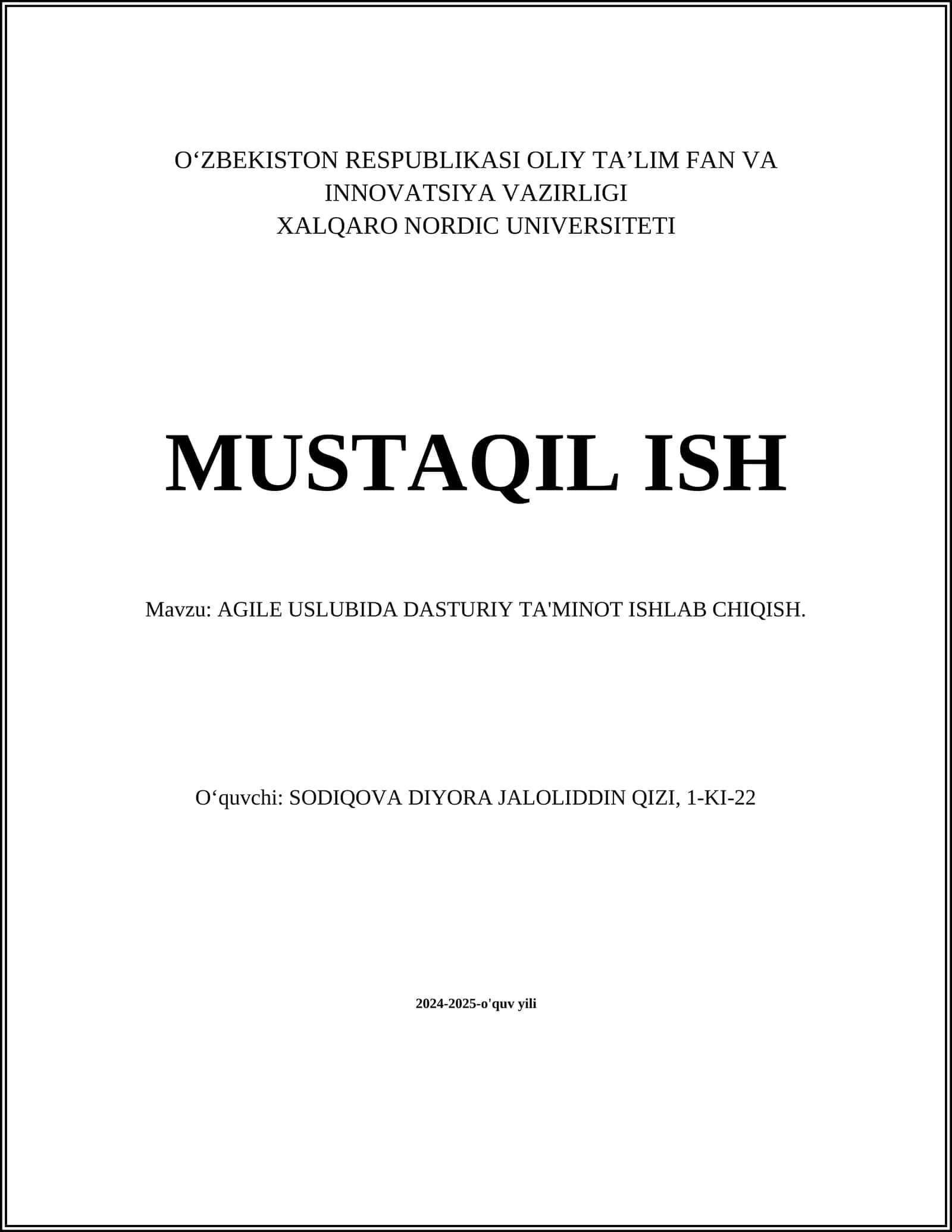 AGILE USLUBIDA DASTURIY TA'MINOT ISHLAB CHIQISH