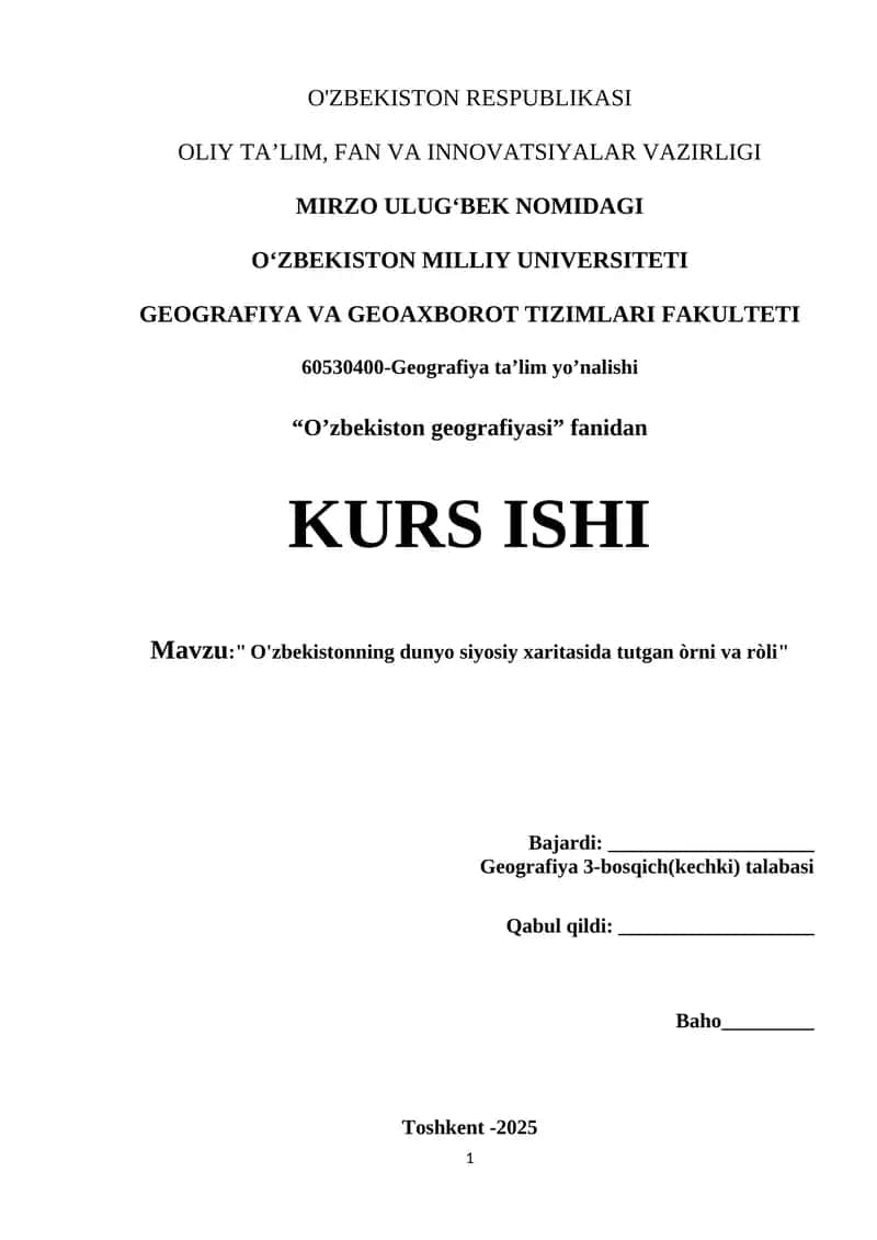 O'zbekistonning dunyo siyosiy xaritasida tutgan òrni va ròli