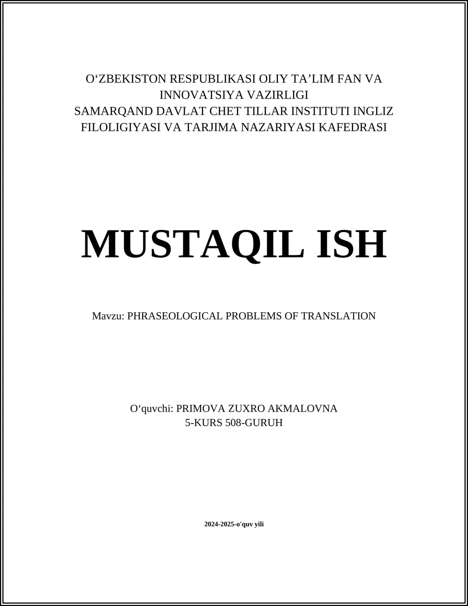 PHRASEOLOGICAL PROBLEMS OF TRANSLATION