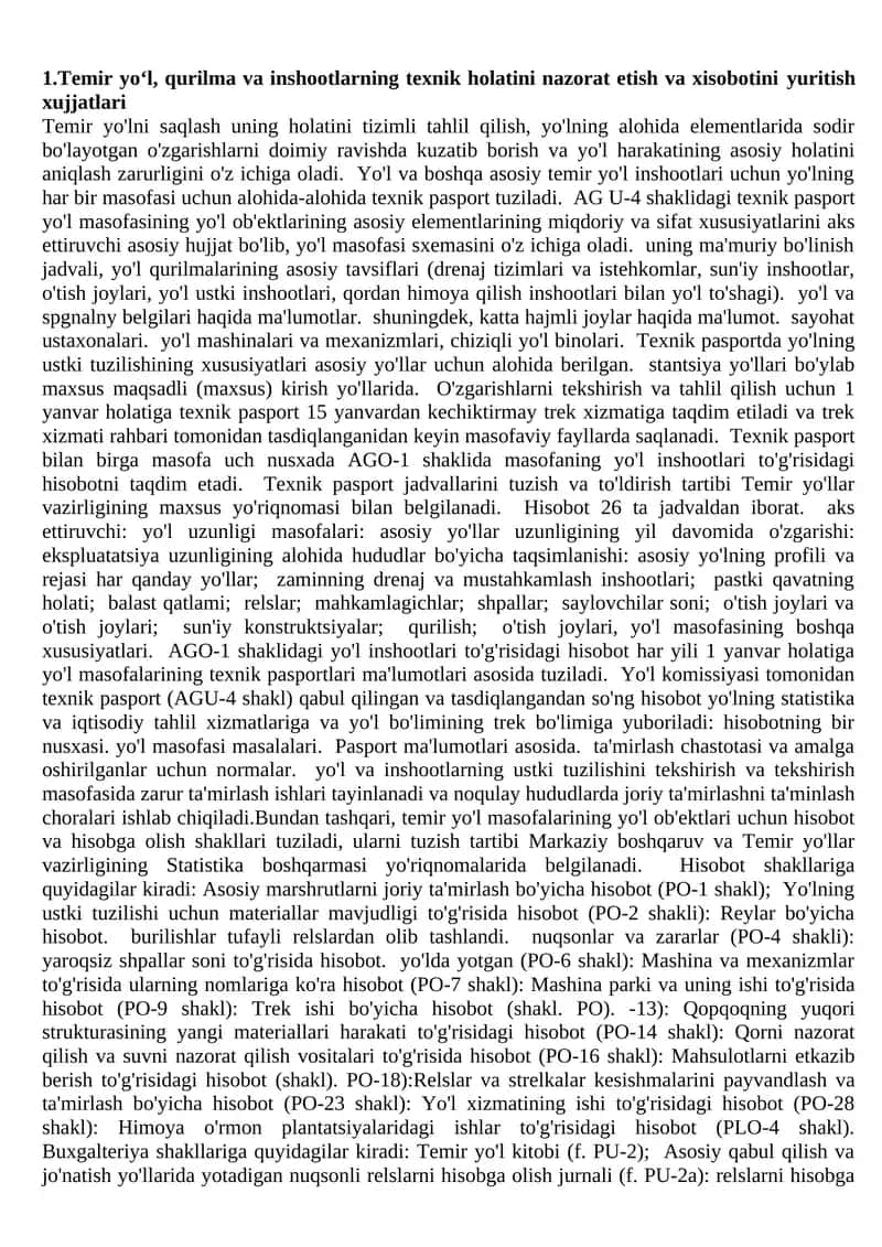Temir yo‘l, qurilma va inshootlarning texnik holatini nazorat etish va xisobotini yuritish xujjatlari