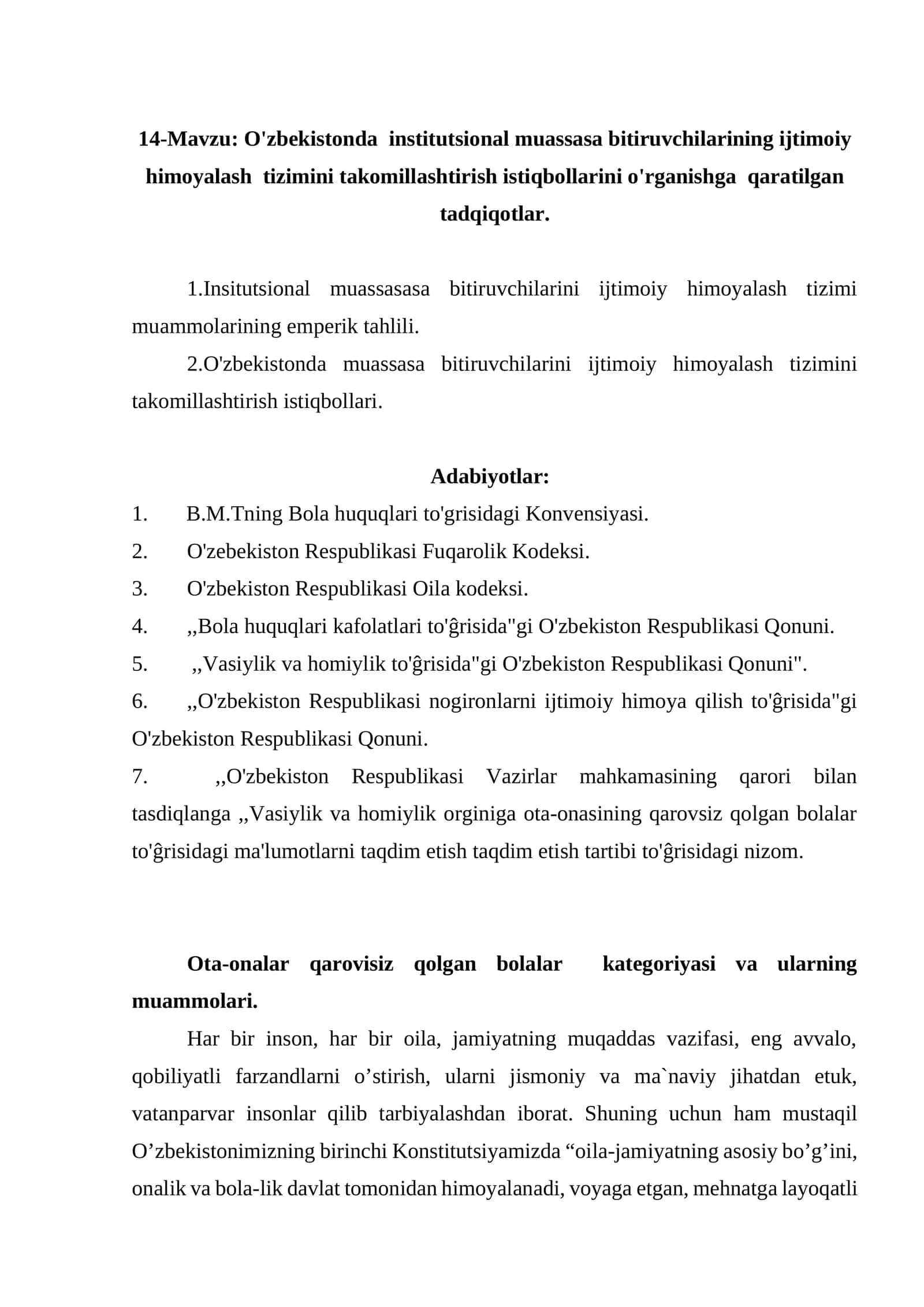 O'zbekistonda institutsional muassasa bitiruvchilarining ijtimoiy himoyalash tizimi