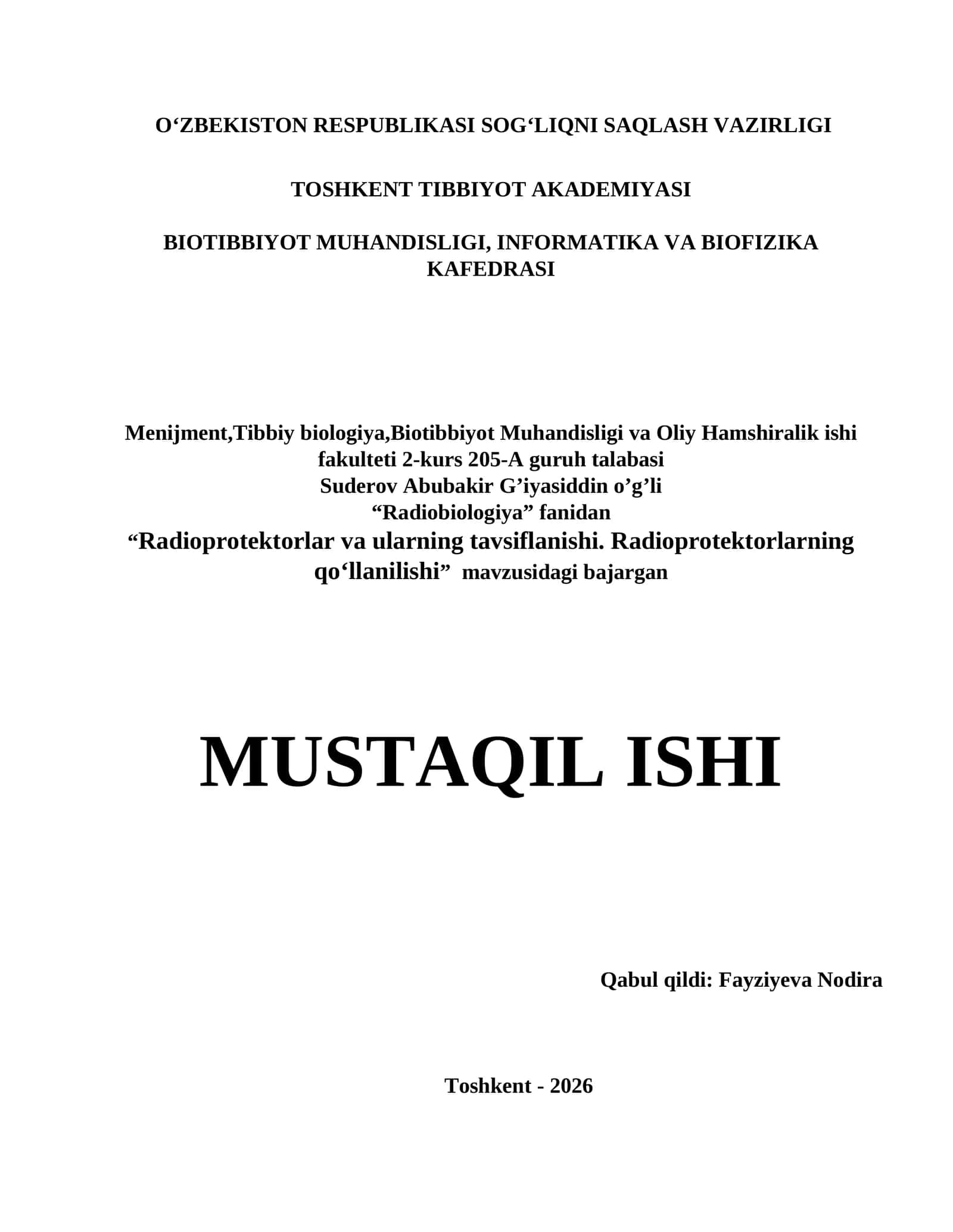 Radioprotektorlar va ularning tavsiflanishi. Radioprotektorlarning qoʻllanilishi