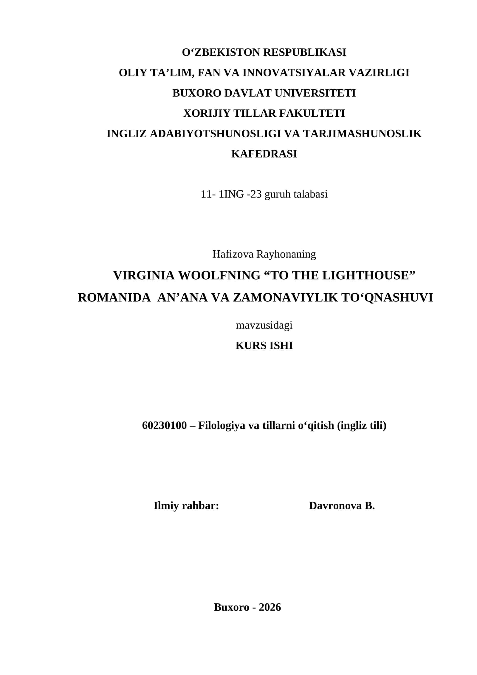 VIRGINIA WOOLFNING “TO THE LIGHTHOUSE” ROMANIDA AN’ANA VA ZAMONAVIYLIK TO‘QNASHUVI